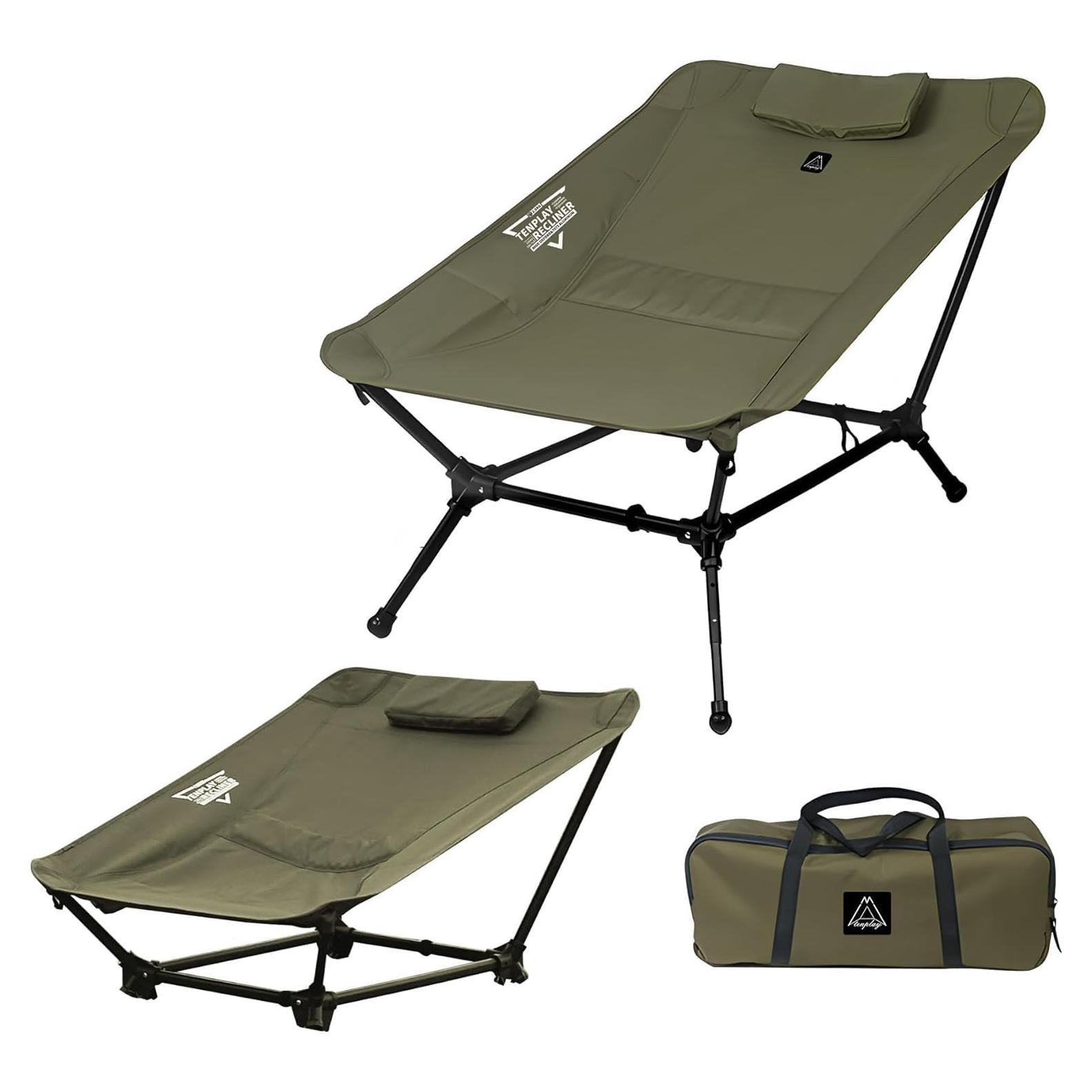 Silla de Camping Reclinable TENPLAY 2025 Verde Militar 150kg