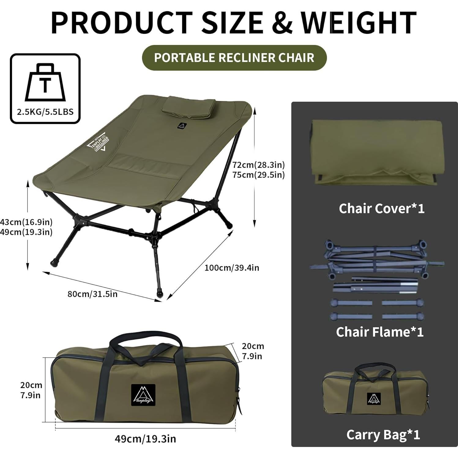 Silla de Camping Reclinable TENPLAY 2025 Verde Militar 150kg