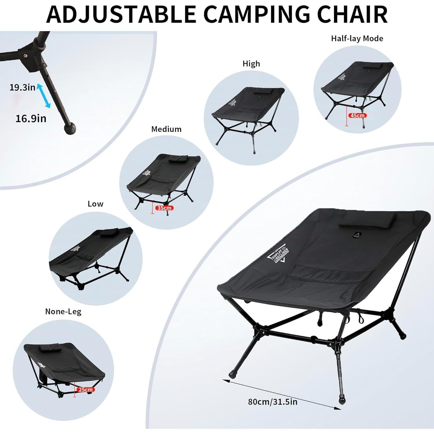 Silla de Camping Reclinable TENPLAY 2025 Verde Militar 150kg