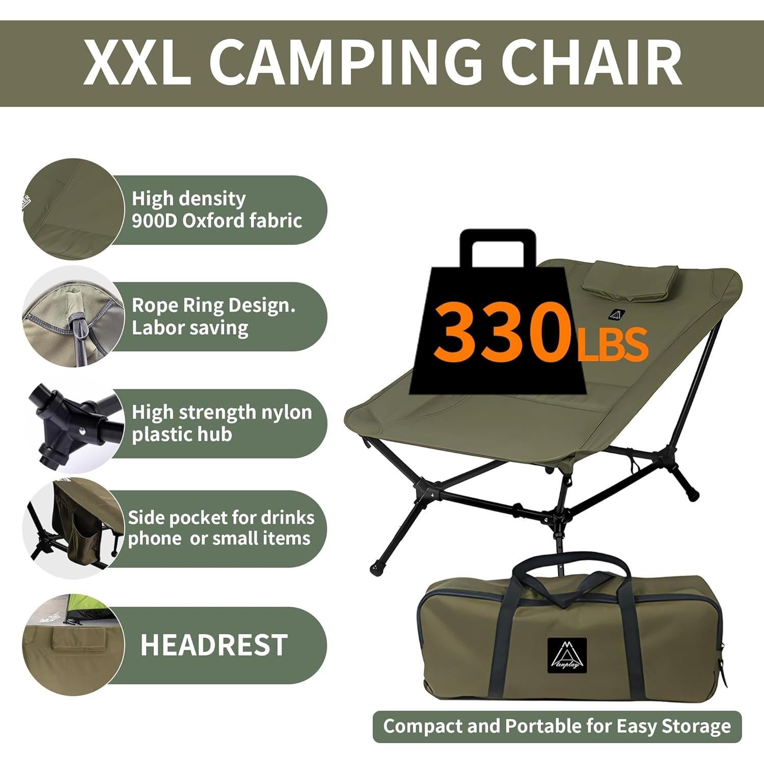 Silla de Camping Reclinable TENPLAY 2025 Verde Militar 150kg