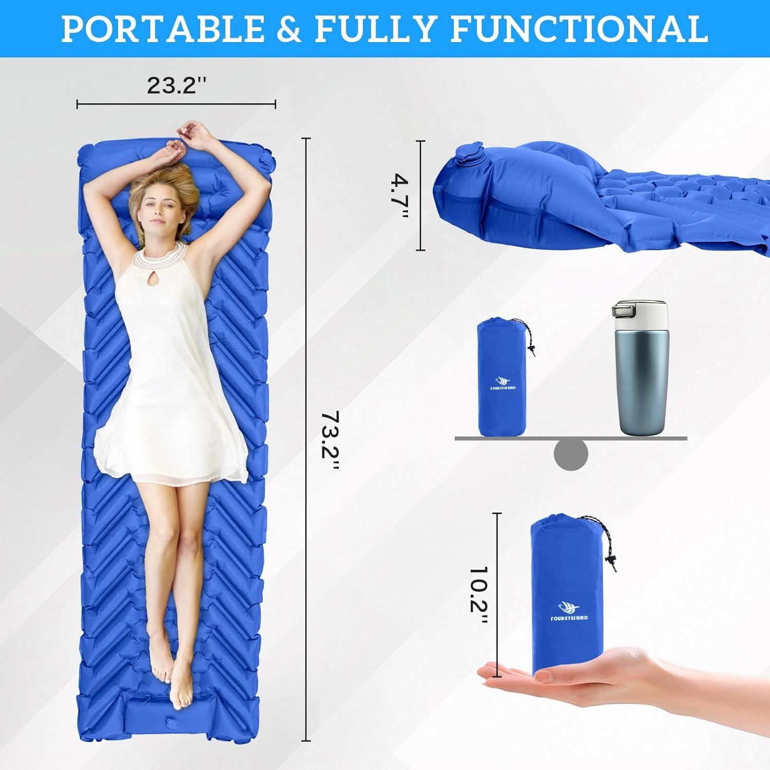 Camping Sleeping Pad, Inflatable Ultralight Camping Mat with Pillow, Built-in Foot Pump Air Mat for Traveling Tent Camping Hiking Backpacking (Blue)