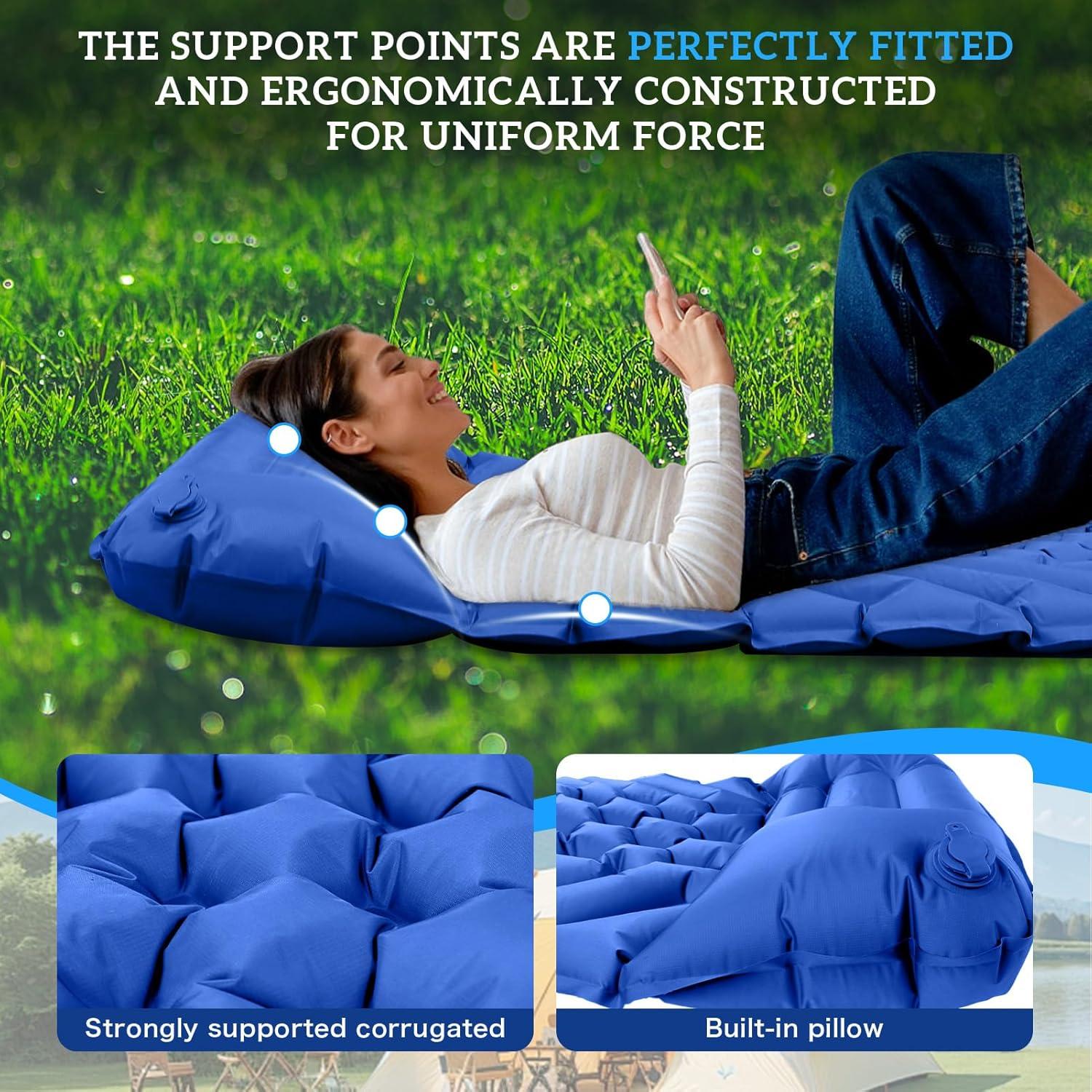 Camping Sleeping Pad, Inflatable Ultralight Camping Mat with Pillow, Built-in Foot Pump Air Mat for Traveling Tent Camping Hiking Backpacking (Blue)