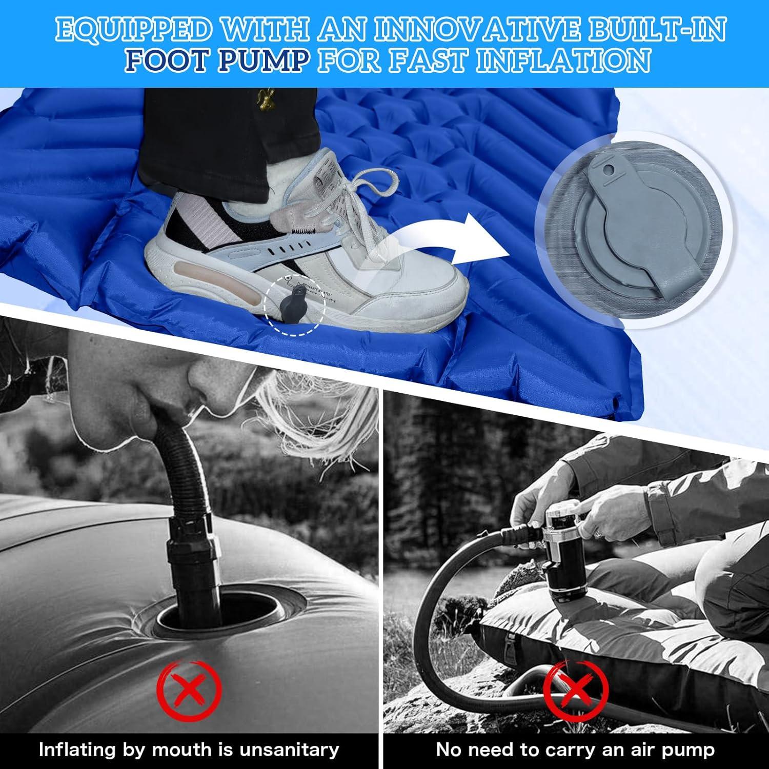 Camping Sleeping Pad, Inflatable Ultralight Camping Mat with Pillow, Built-in Foot Pump Air Mat for Traveling Tent Camping Hiking Backpacking (Blue)