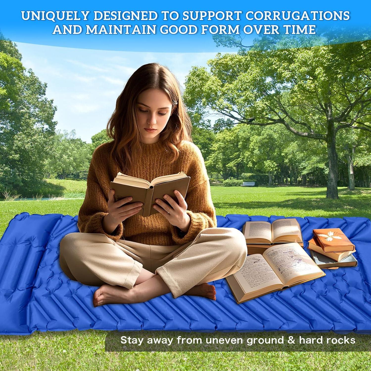 Camping Sleeping Pad, Inflatable Ultralight Camping Mat with Pillow, Built-in Foot Pump Air Mat for Traveling Tent Camping Hiking Backpacking (Blue)