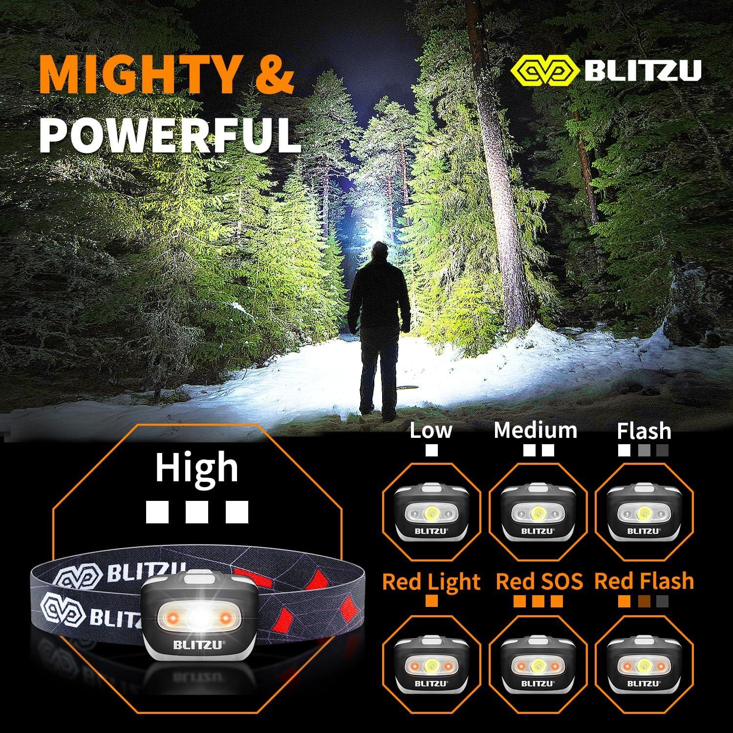 Linterna Frontal LED BLITZU Negra, Impermeable, 165 Lúmenes