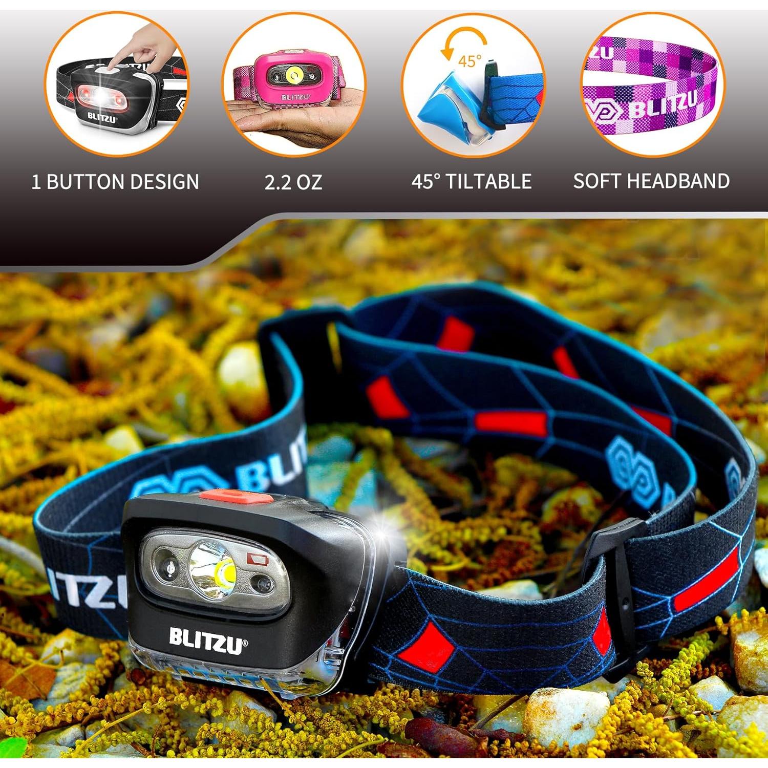 Linterna Frontal LED BLITZU Negra, Impermeable, 165 Lúmenes