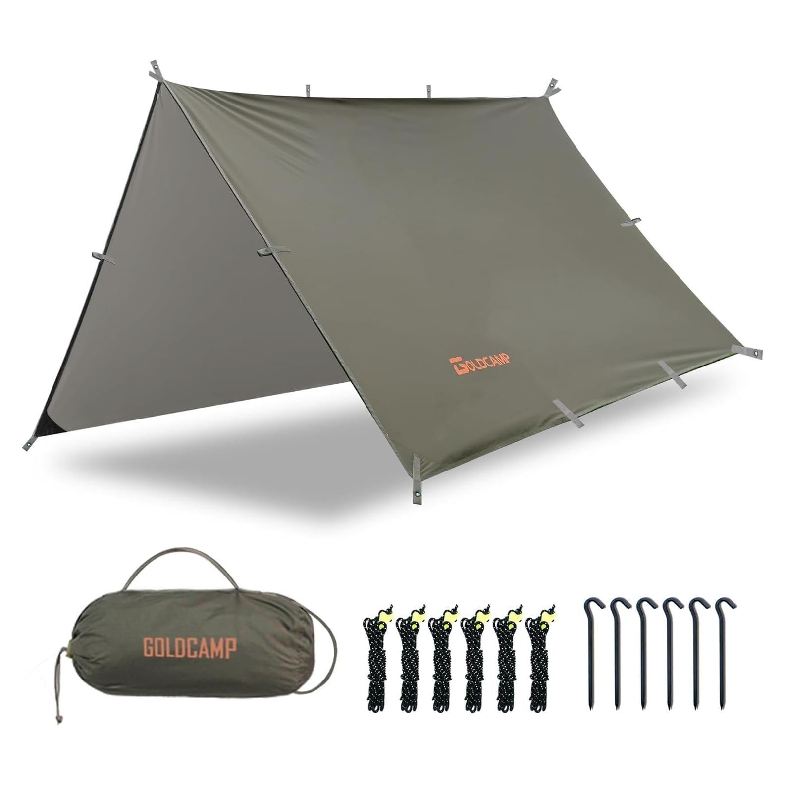 GOLDCAMP Waterproof Camping Tarp，70D Nylon 10X10FT Hammock Rain Fly ，UV 50+ and PU15000mm Tent Tarp Shelter Canopy，Heavy Duty Multifunctional Sun Shade or Rain Fly Essentials for Hiking Backpacking