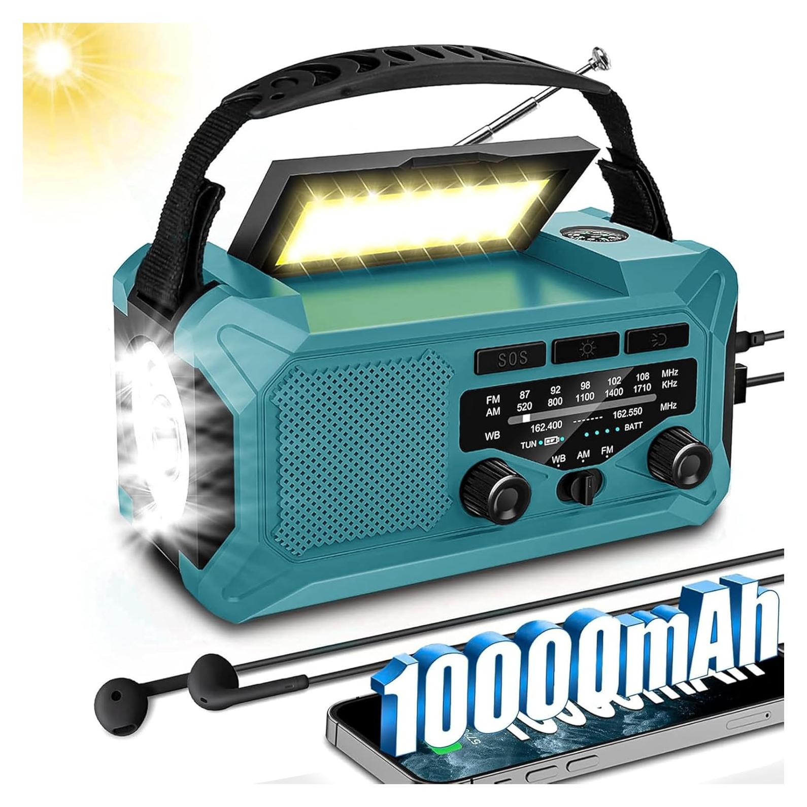 10000mAh Emergency Radio,Multi-Function AM/FM/NOAA Weather Radio,Hand Crank,USB Cable 3 Charging Methods,SOS Alarm,Flashlight,Phone Charger,Compass,Reading Lamp(Blue)