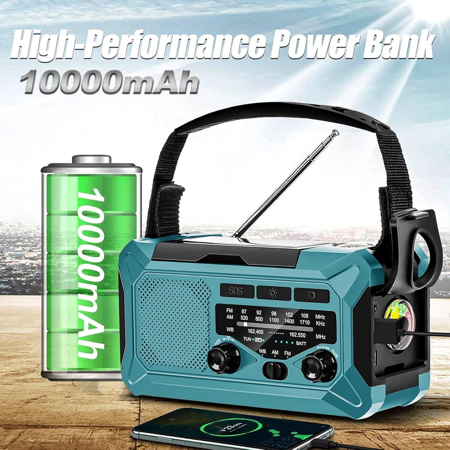 10000mAh Emergency Radio,Multi-Function AM/FM/NOAA Weather Radio,Hand Crank,USB Cable 3 Charging Methods,SOS Alarm,Flashlight,Phone Charger,Compass,Reading Lamp(Blue)