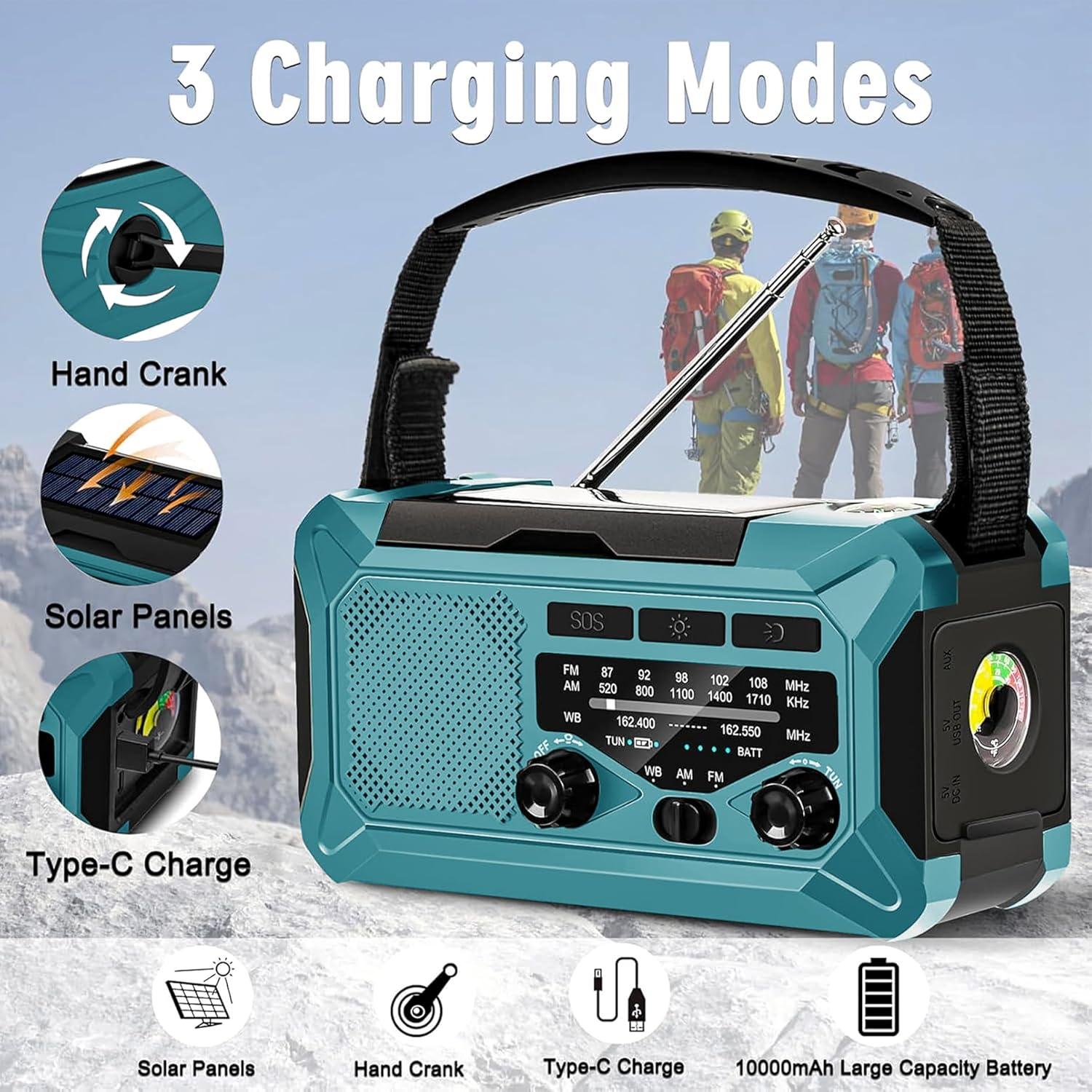 10000mAh Emergency Radio,Multi-Function AM/FM/NOAA Weather Radio,Hand Crank,USB Cable 3 Charging Methods,SOS Alarm,Flashlight,Phone Charger,Compass,Reading Lamp(Blue)