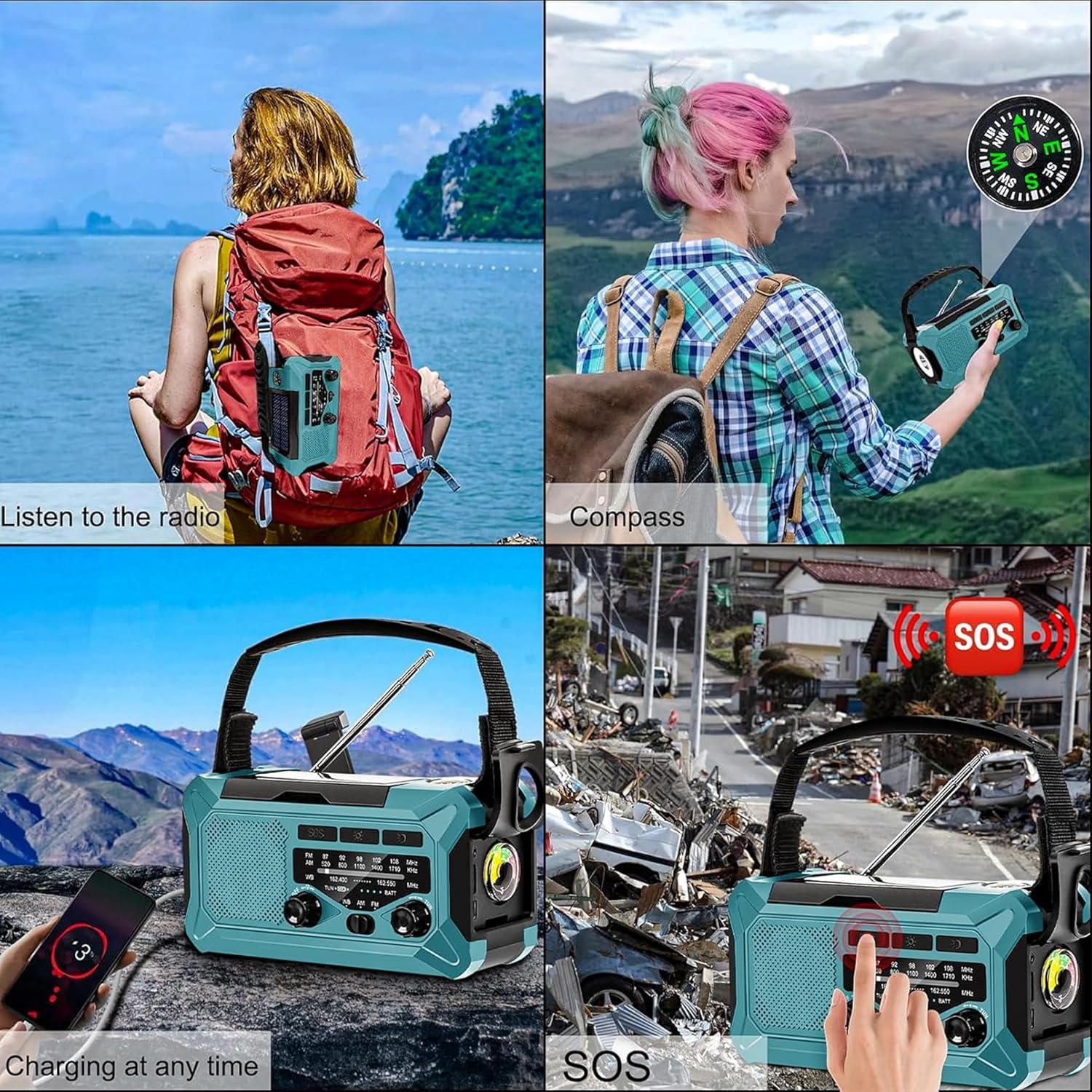 10000mAh Emergency Radio,Multi-Function AM/FM/NOAA Weather Radio,Hand Crank,USB Cable 3 Charging Methods,SOS Alarm,Flashlight,Phone Charger,Compass,Reading Lamp(Blue)