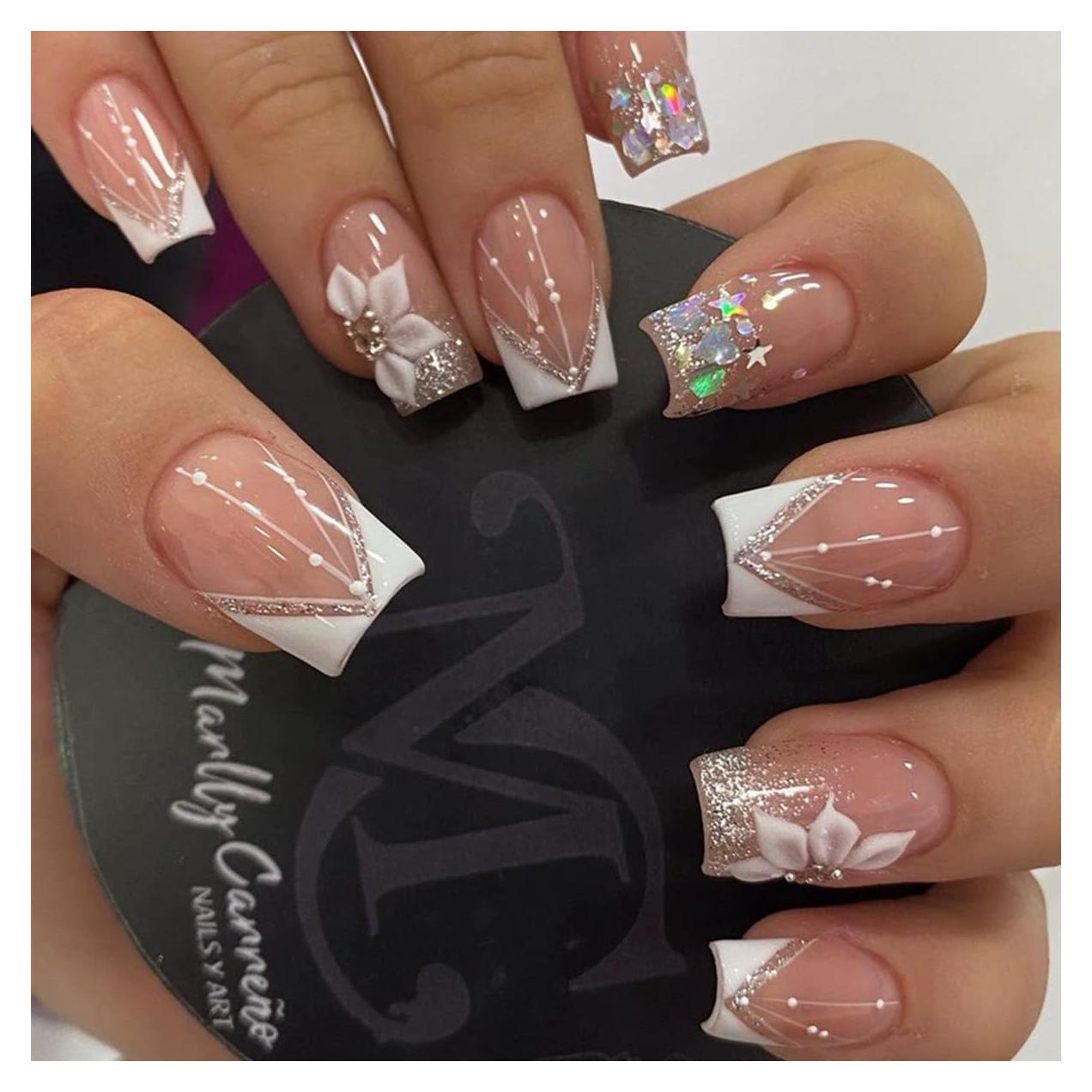 Kit de Uñas Falsas Acrílicas Juggssa 24PCS Punta Francesa