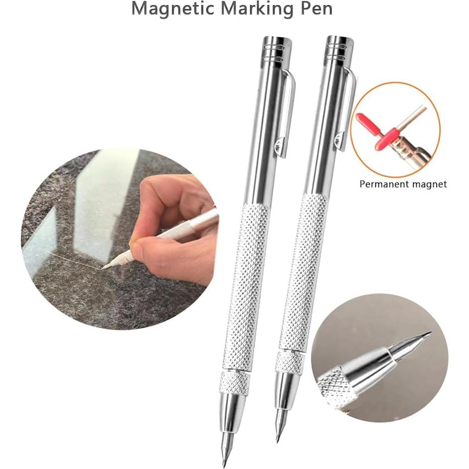 2PCS Tungsten Carbide Scriber with Magnet, with Extra 20 Replacement Marking Tip and Steel Ruler. Engraving Pen for Metal, Wood, Glass, Plastic and Ceramics.