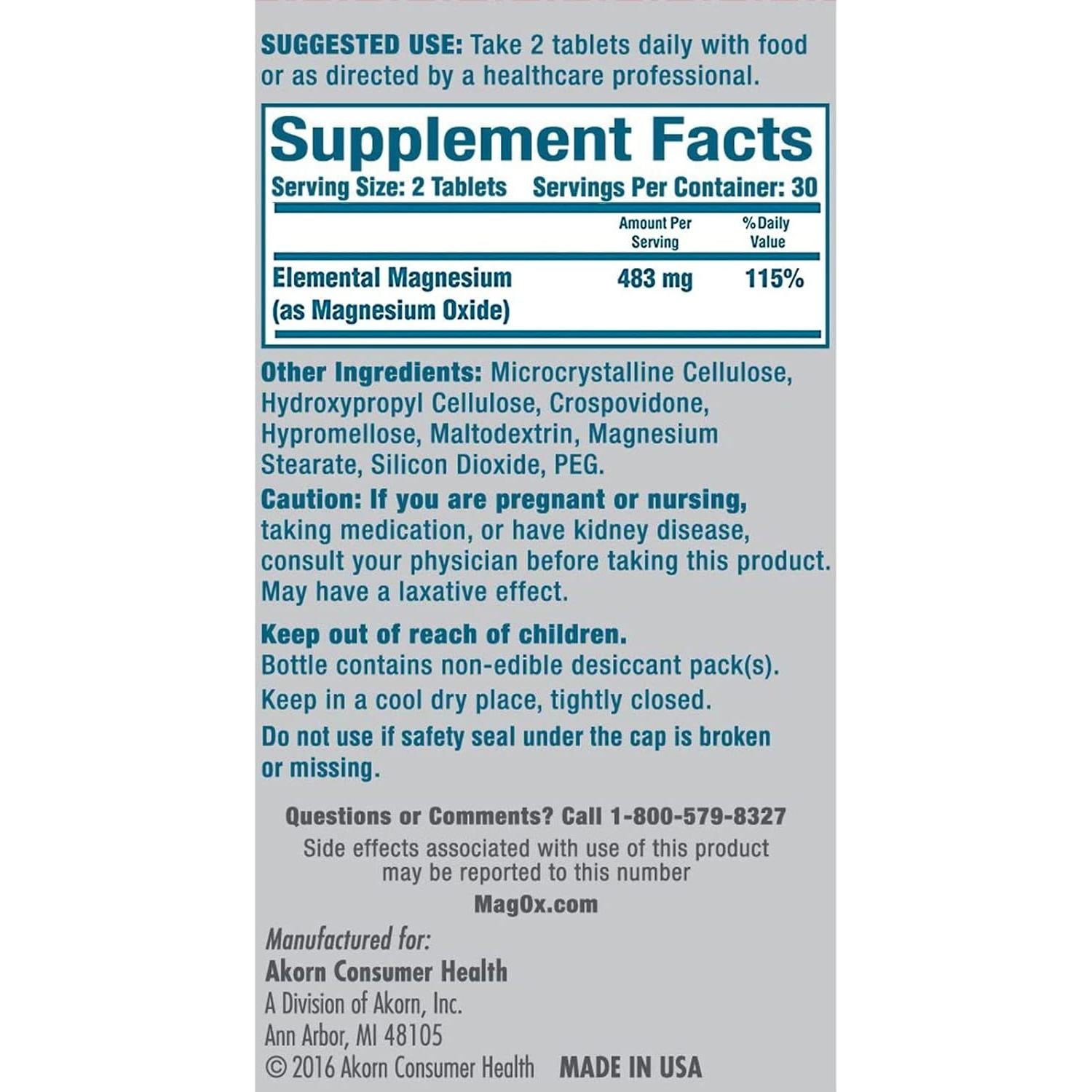 Mag-Ox 400 Suplemento de Magnesio 483 mg 60 Tabletas