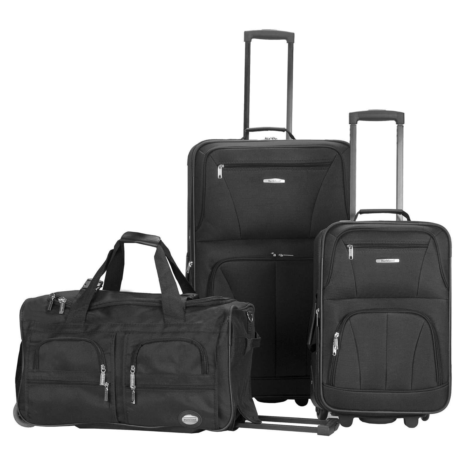 Rockland Vara Softside 3-Piece Upright Luggage Set,Expandable, Black, (20/22/28)