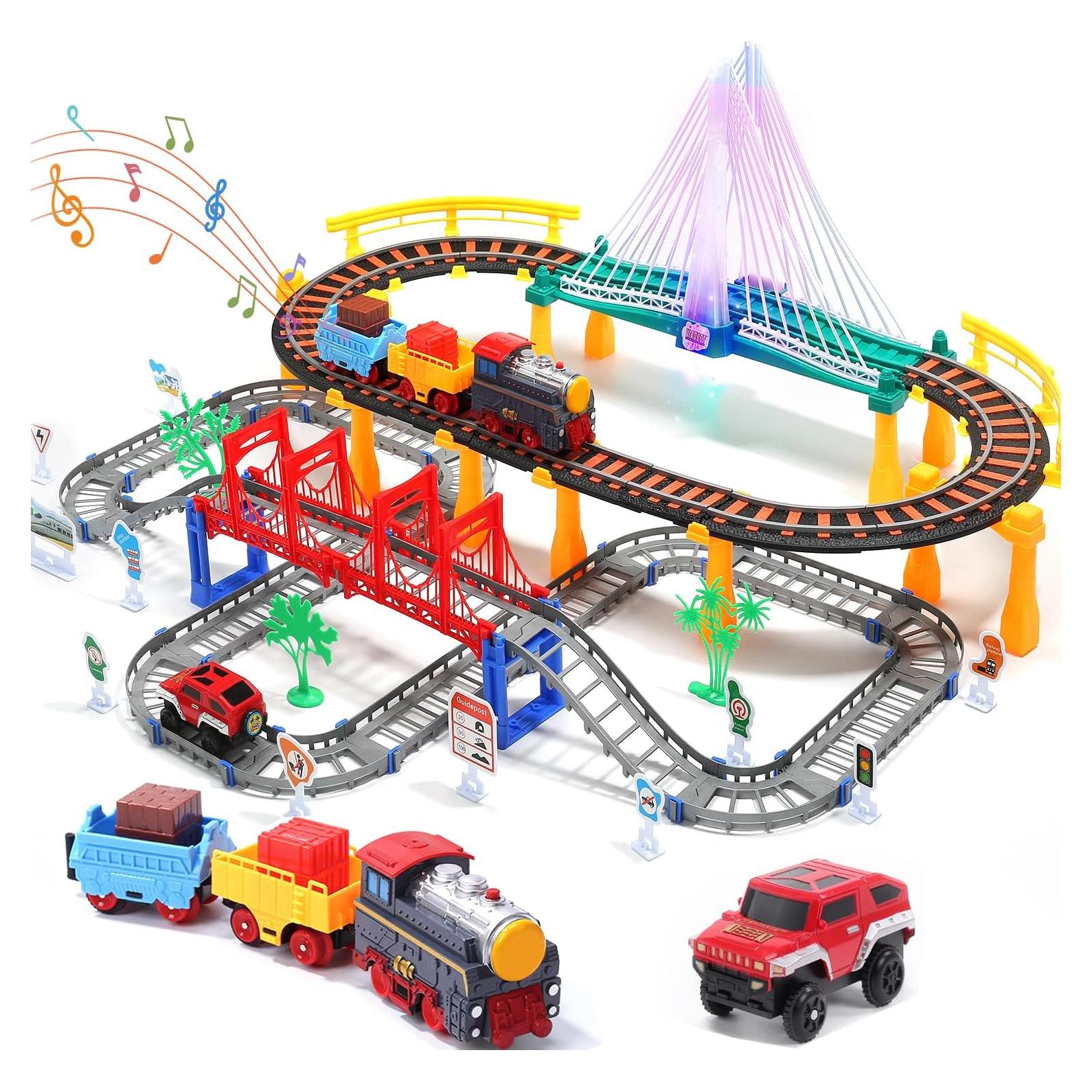 Juego de Tren Eléctrico HOLYFUN 113 Piezas para Niños 3-8 Años