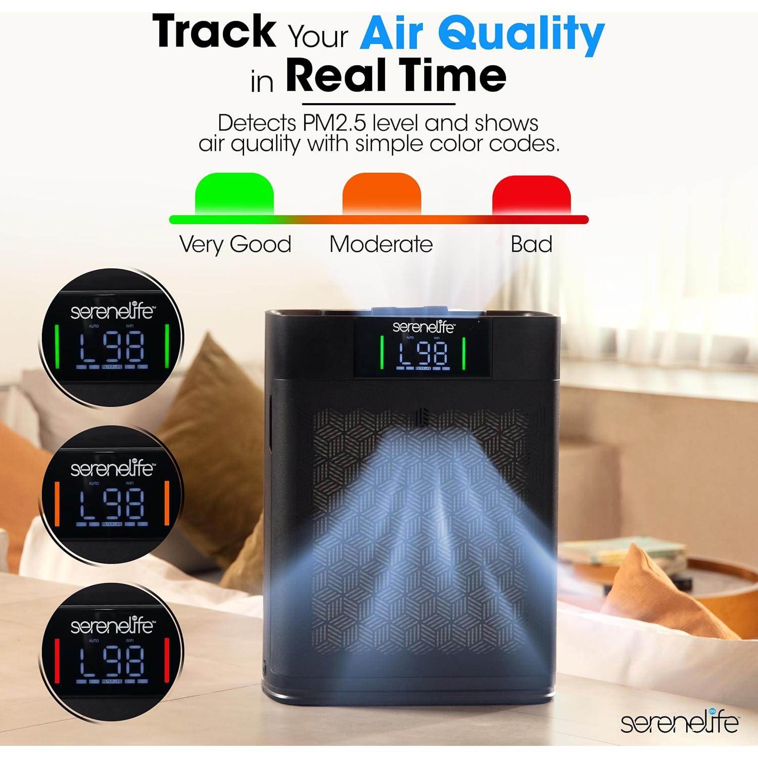 Purificador de Aire HEPA SereneLife 100 m² Control WiFi Negro