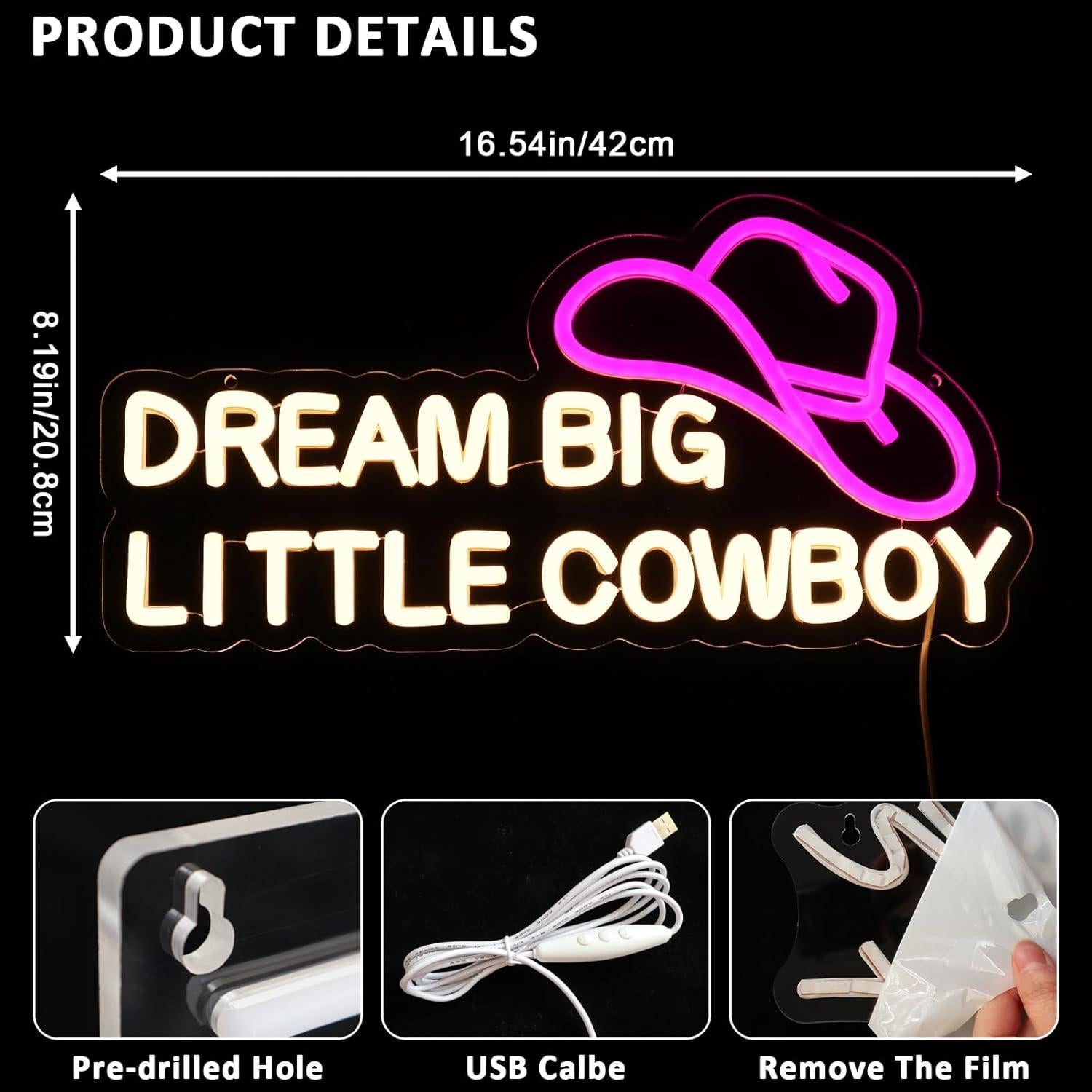 Señal de Neón LED Sueña en Grande Vaquero PMCVYH 42x21 cm