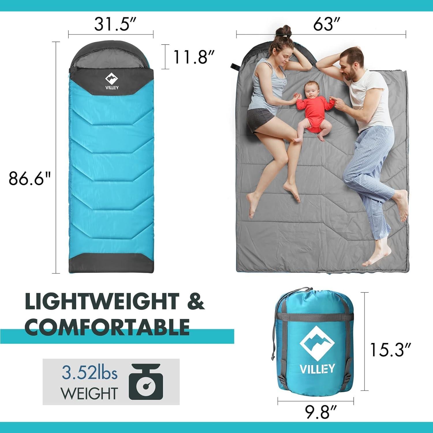 Saco de Dormir VILLEY Rectangular 3 Temporadas 220x80cm