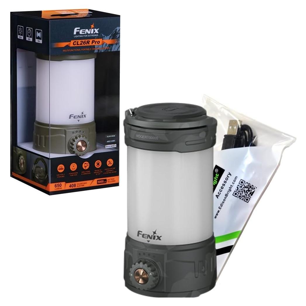 Fenix CL26R Pro 650 Lumen USB Rechargeable White/red Output Camping Lantern/Work Light, Rechargeable Battery with EdisonBright Charging Cable (Gray Camo)