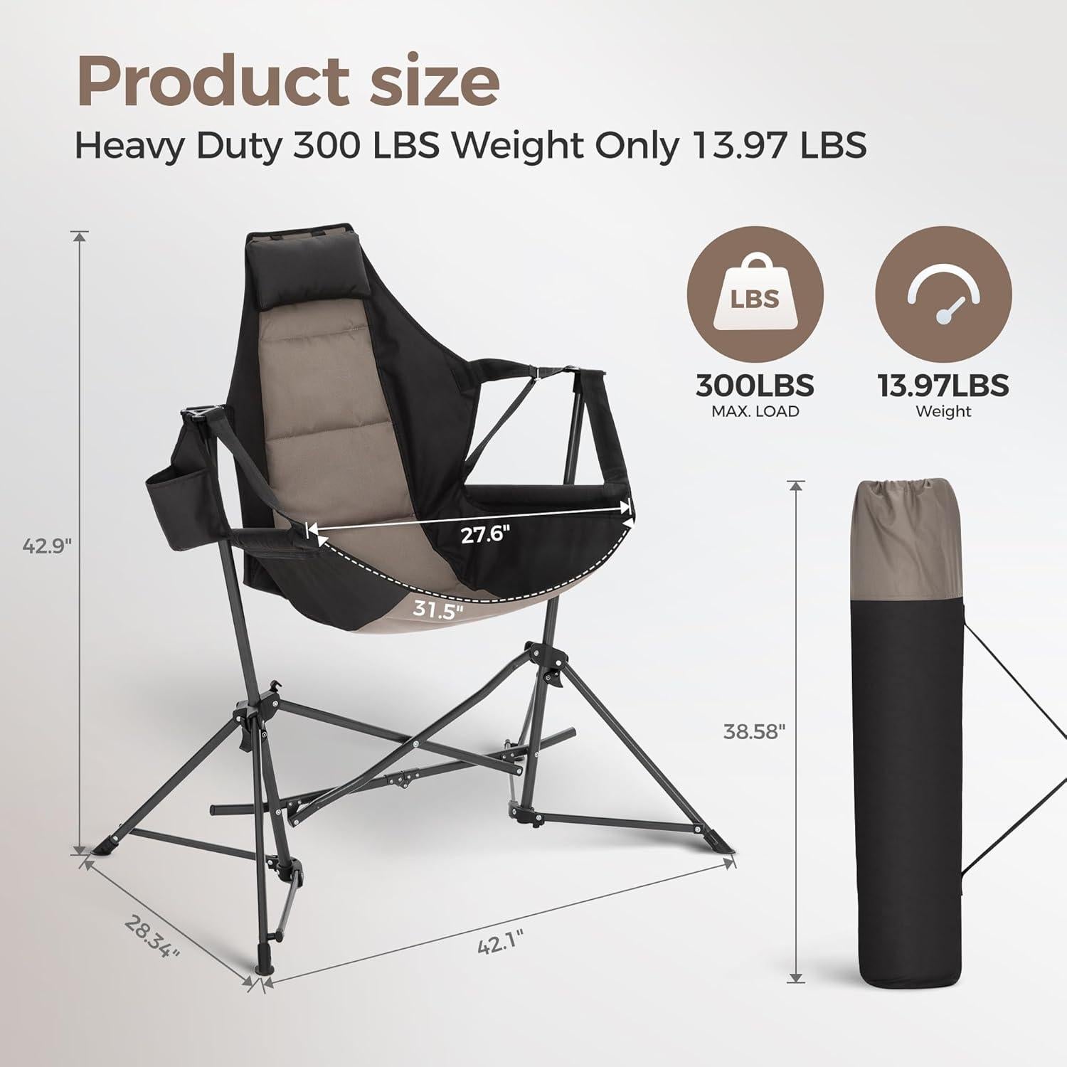 ALPHA CAMP Hammock Folding Rocking Chair with Cup Drink Holder, High Back Padded Swinging Chair for Outdoor,Camping, Lawn,Backyard,Picnic, Steel, Heavy Duty Portable Oversized(Black)