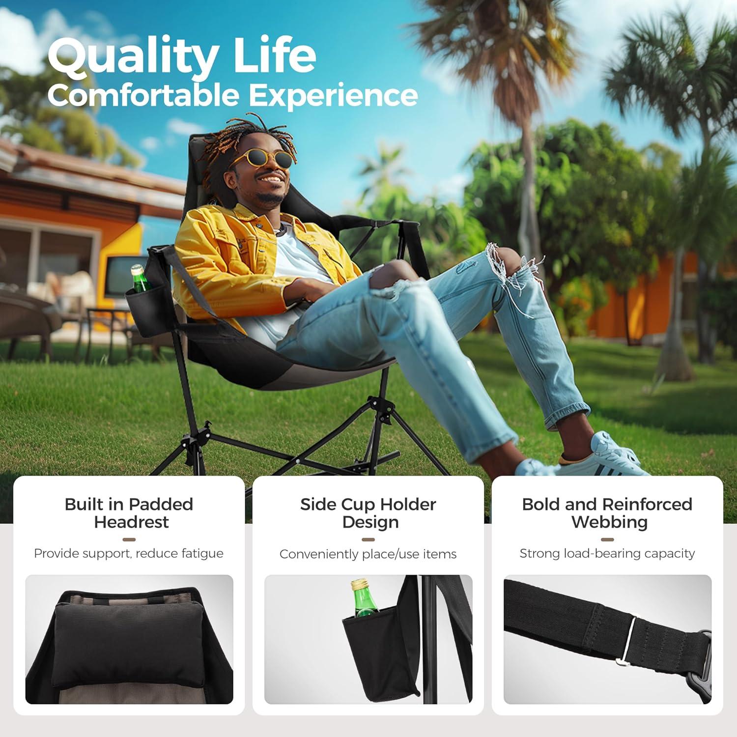 ALPHA CAMP Hammock Folding Rocking Chair with Cup Drink Holder, High Back Padded Swinging Chair for Outdoor,Camping, Lawn,Backyard,Picnic, Steel, Heavy Duty Portable Oversized(Black)