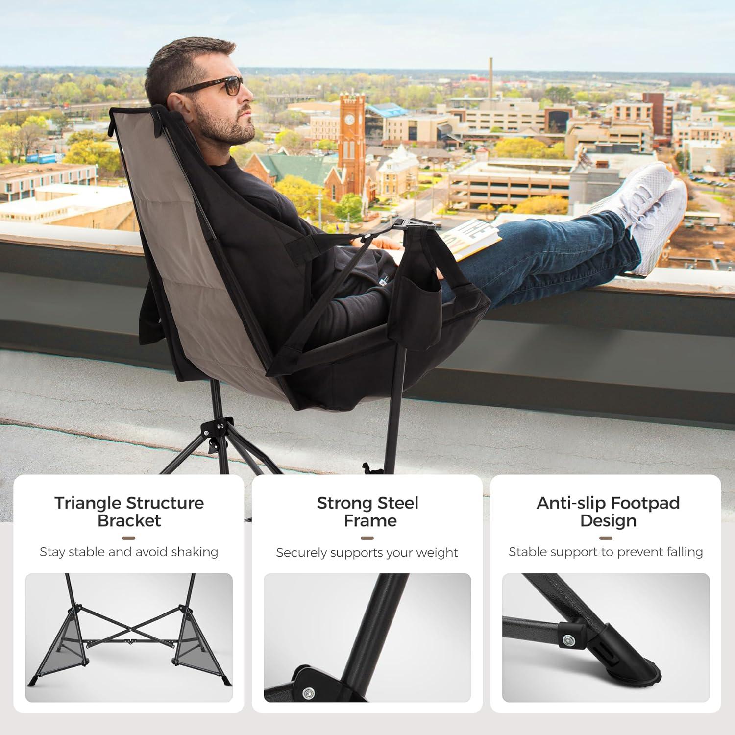 ALPHA CAMP Hammock Folding Rocking Chair with Cup Drink Holder, High Back Padded Swinging Chair for Outdoor,Camping, Lawn,Backyard,Picnic, Steel, Heavy Duty Portable Oversized(Black)