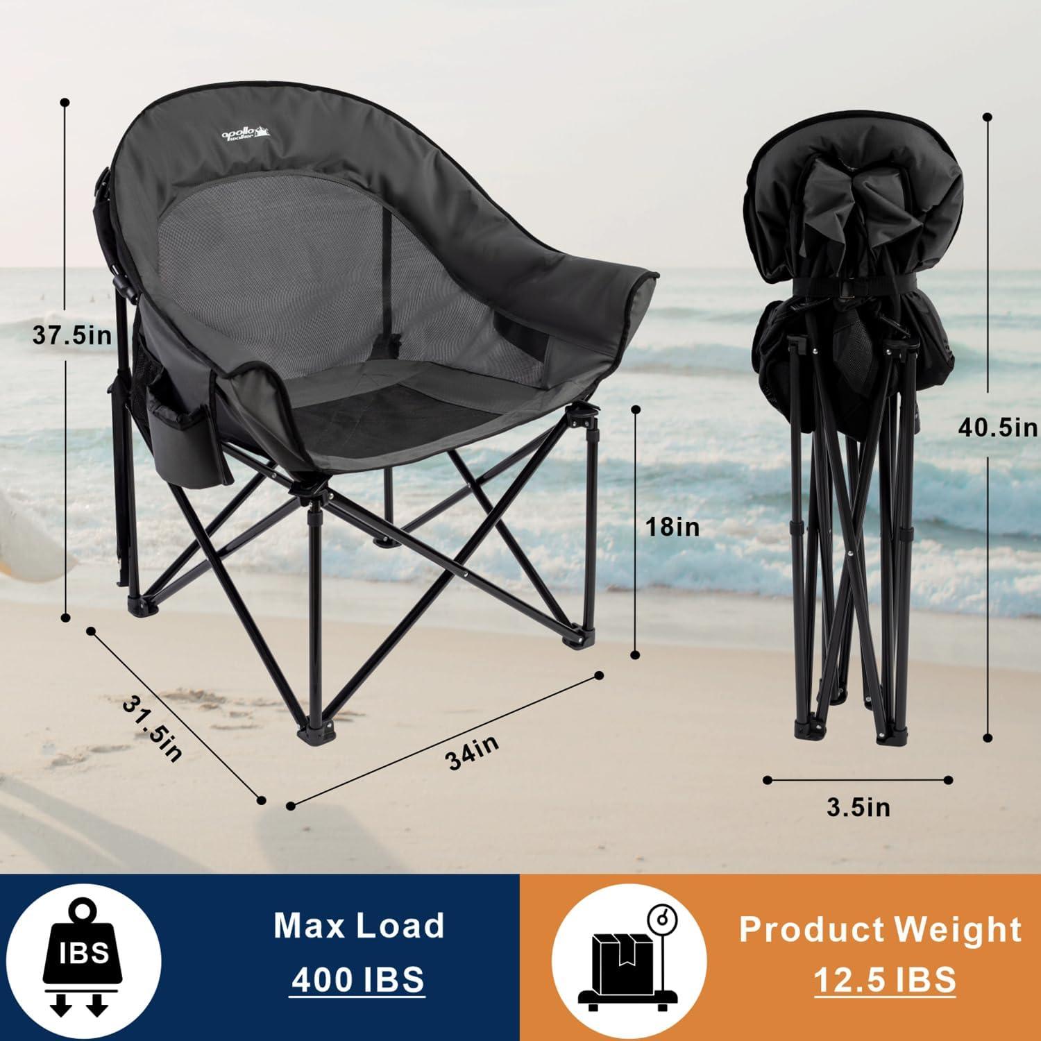 apollo walker Beach Chair,Portable Adults Stable Comfortable Folding Patio Lawn Chairs for Outdoor,Breathable Comfy Moon Round Chair Support to 500LBS,for Camping & Fishing & Barbeque,Gray