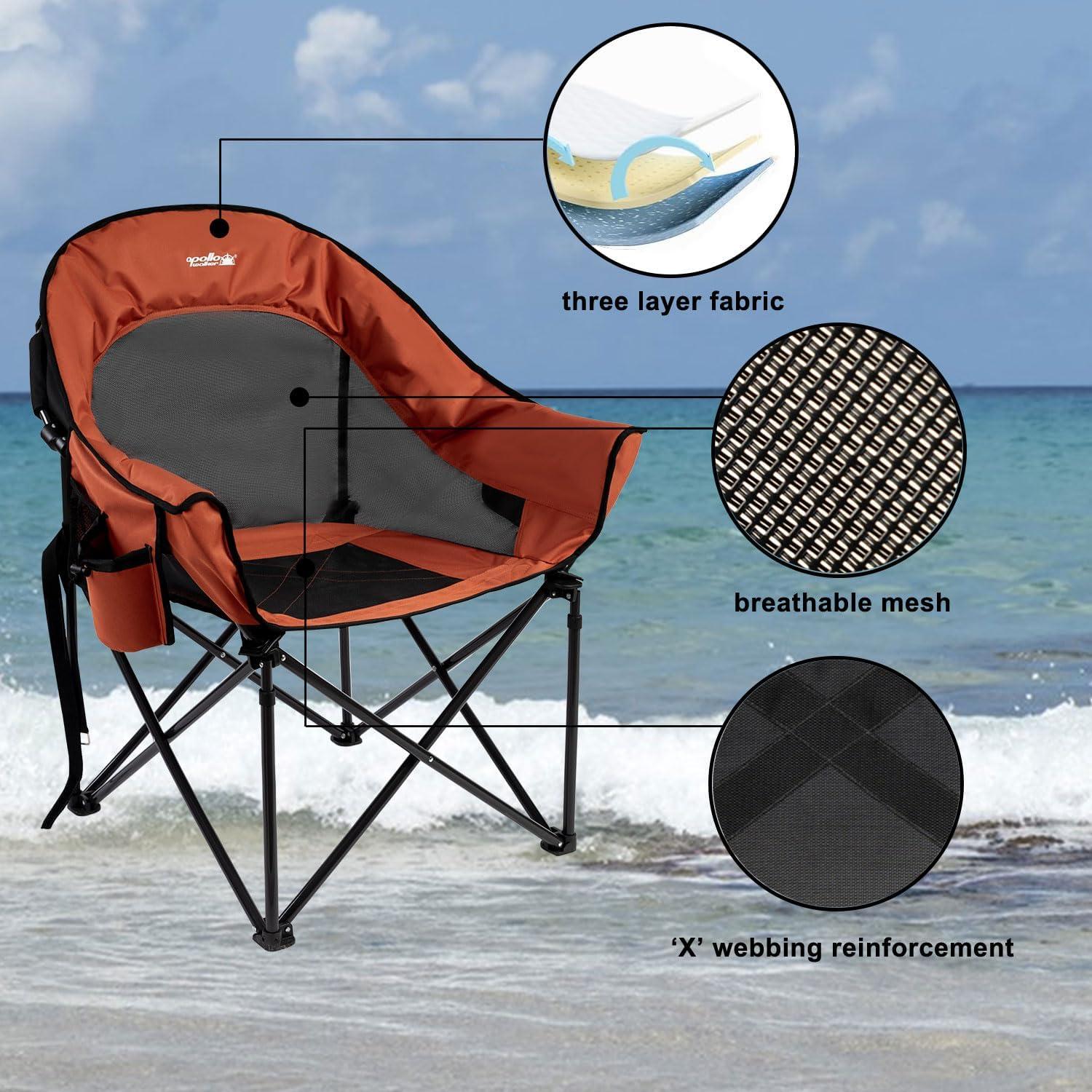 apollo walker Beach Chair,Portable Adults Stable Comfortable Folding Patio Lawn Chairs for Outdoor,Breathable Comfy Moon Round Chair Support to 500LBS,for Camping & Fishing & Barbeque,Gray
