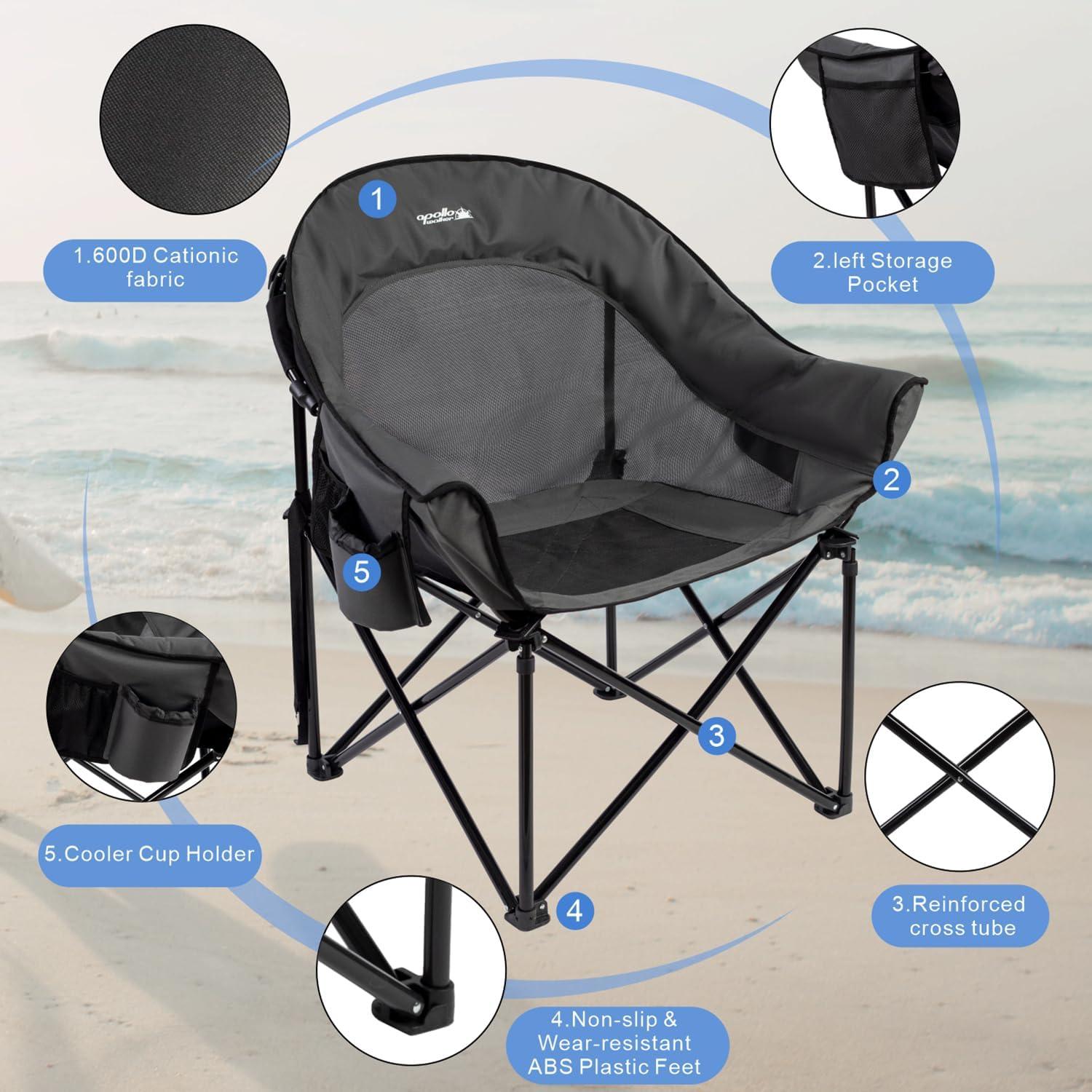 apollo walker Beach Chair,Portable Adults Stable Comfortable Folding Patio Lawn Chairs for Outdoor,Breathable Comfy Moon Round Chair Support to 500LBS,for Camping & Fishing & Barbeque,Gray