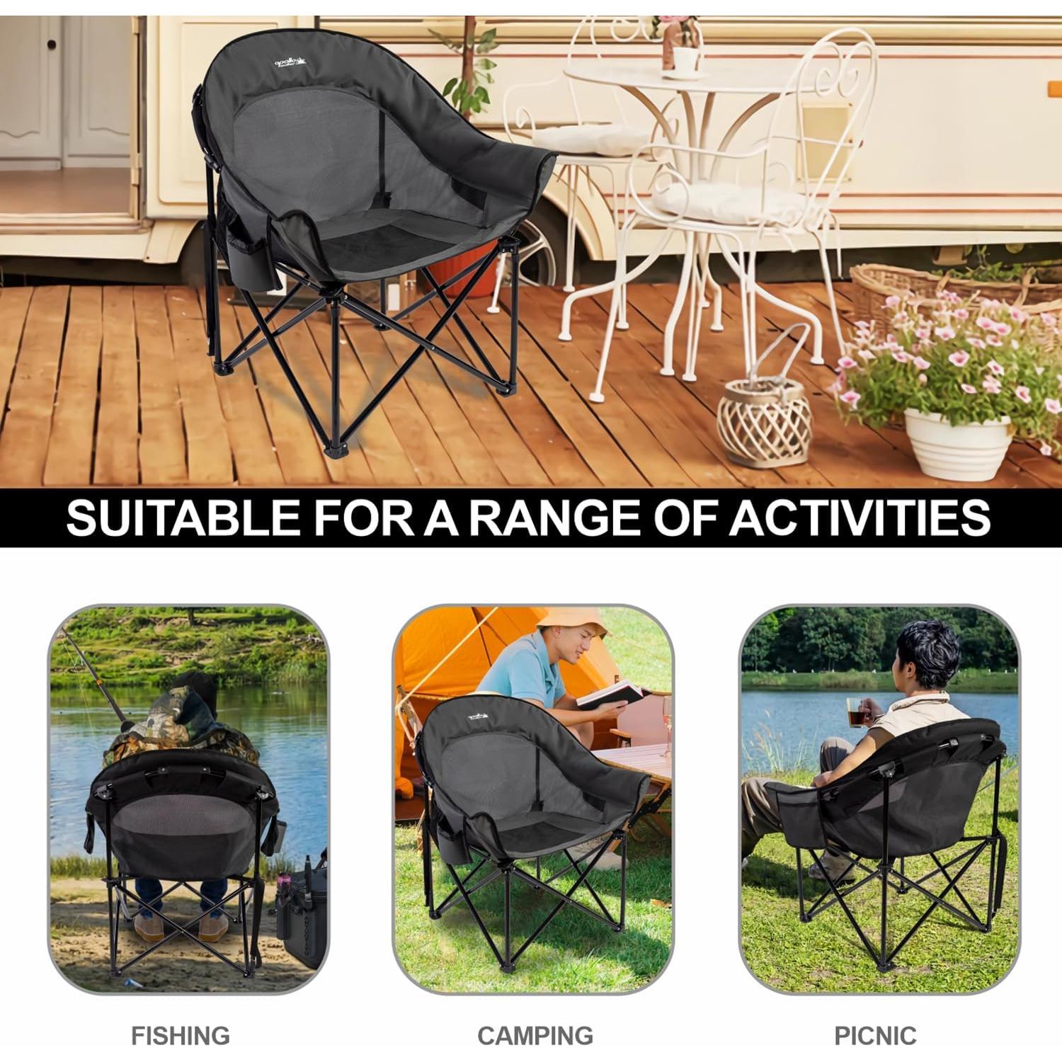 apollo walker Beach Chair,Portable Adults Stable Comfortable Folding Patio Lawn Chairs for Outdoor,Breathable Comfy Moon Round Chair Support to 500LBS,for Camping & Fishing & Barbeque,Gray
