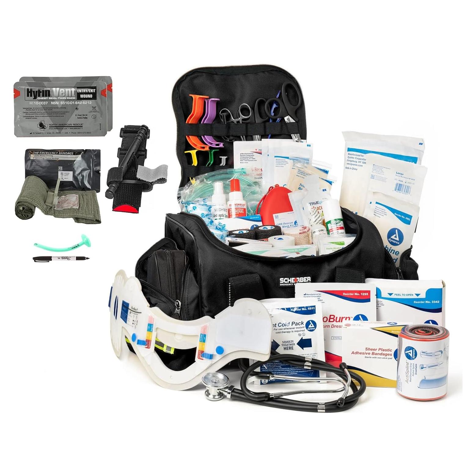 Scherber Fully-Stocked First Responder Bag | Professional EMT/EMS Trauma & Bleeding Medical Kit | HSA/FSA Approved | CAT Tourniquet, HyFin Chest Seal, Israeli Bandage & 250+ First Aid Supplies (Black)