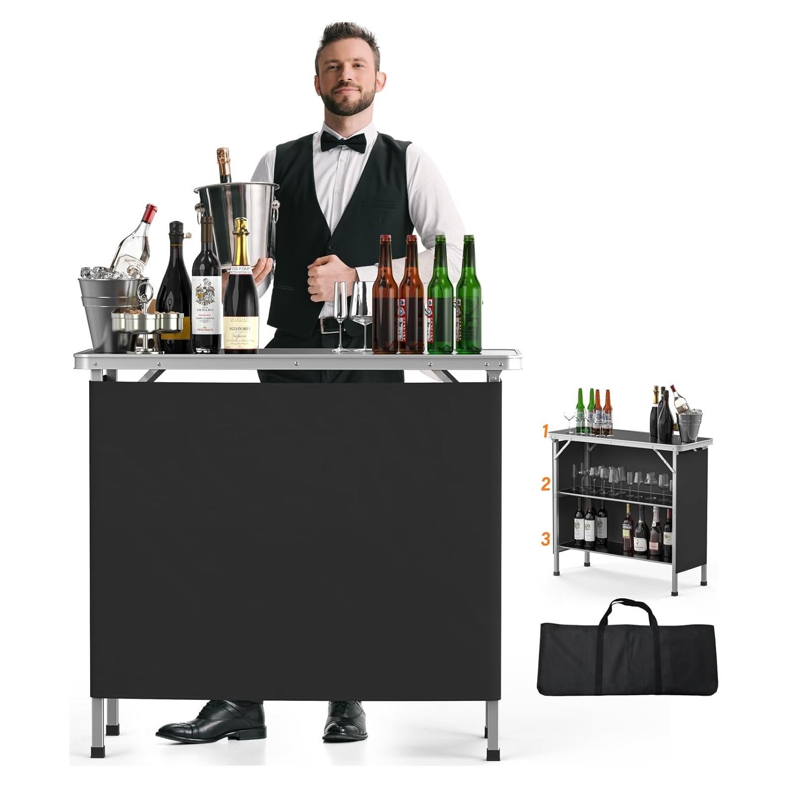 Mesa de Bar Portátil VINGLI 3 Estantes Plegable Negra 99 cm