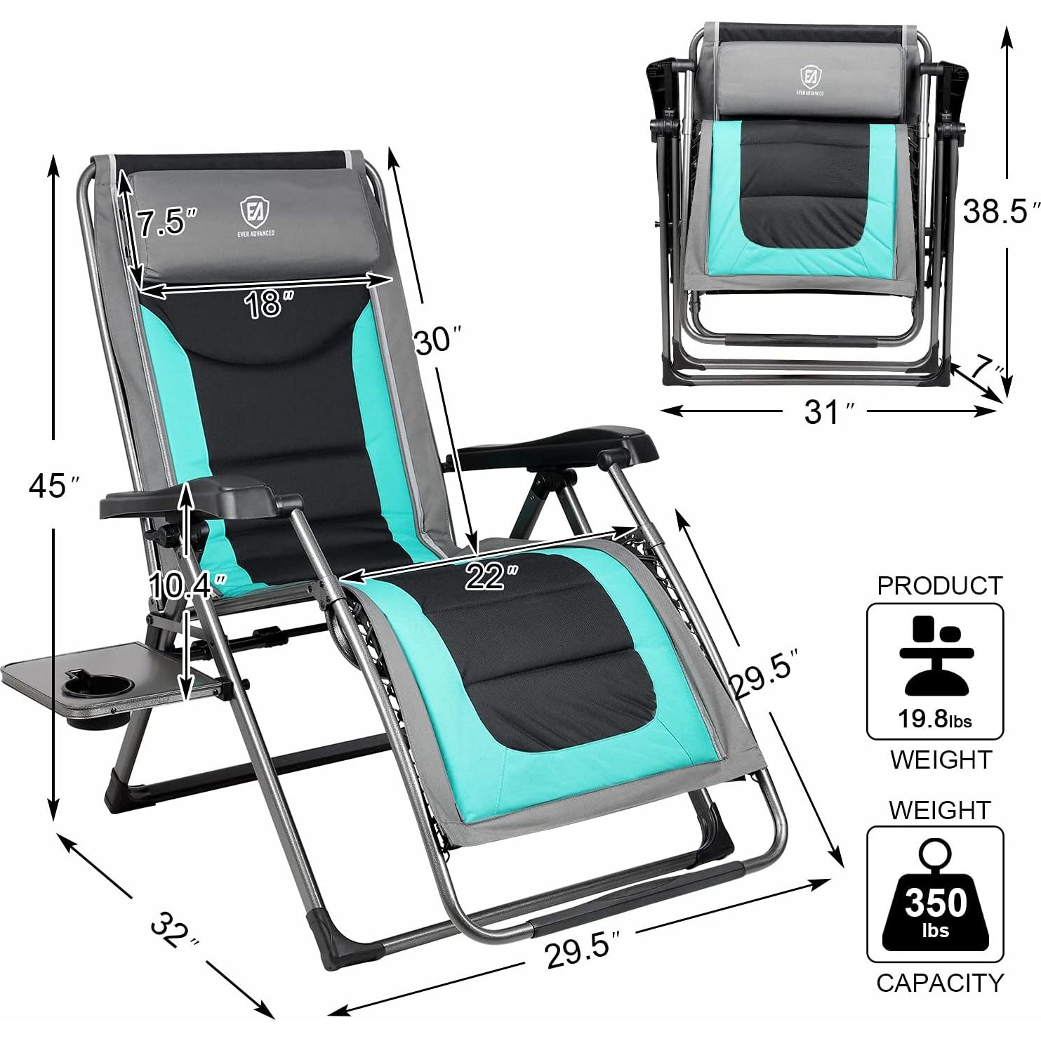 EVER ADVANCED Oversize XL Zero Gravity Recliner Padded Patio Lounger Chair with Adjustable Headrest Support 350lbs (Green)
