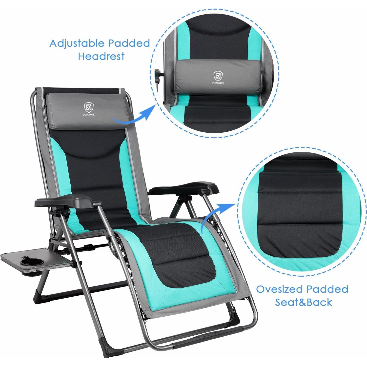 EVER ADVANCED Oversize XL Zero Gravity Recliner Padded Patio Lounger Chair with Adjustable Headrest Support 350lbs (Green)