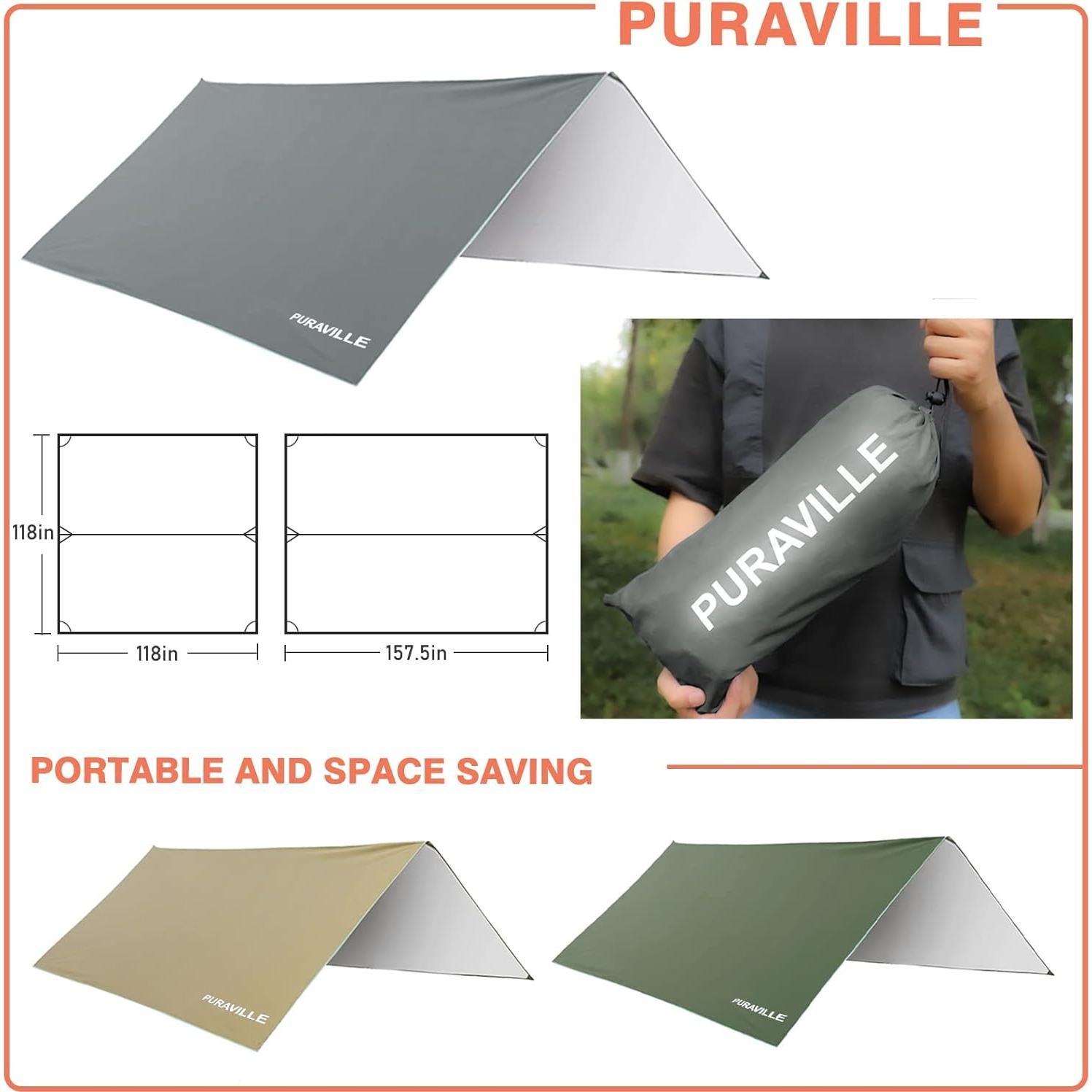 Puraville 10x10 ft Rectangle Lightweight Camping Tarps, Portable Waterproof Hammock Rain Fly Tent Tarp for Camping Backpacking, Grey
