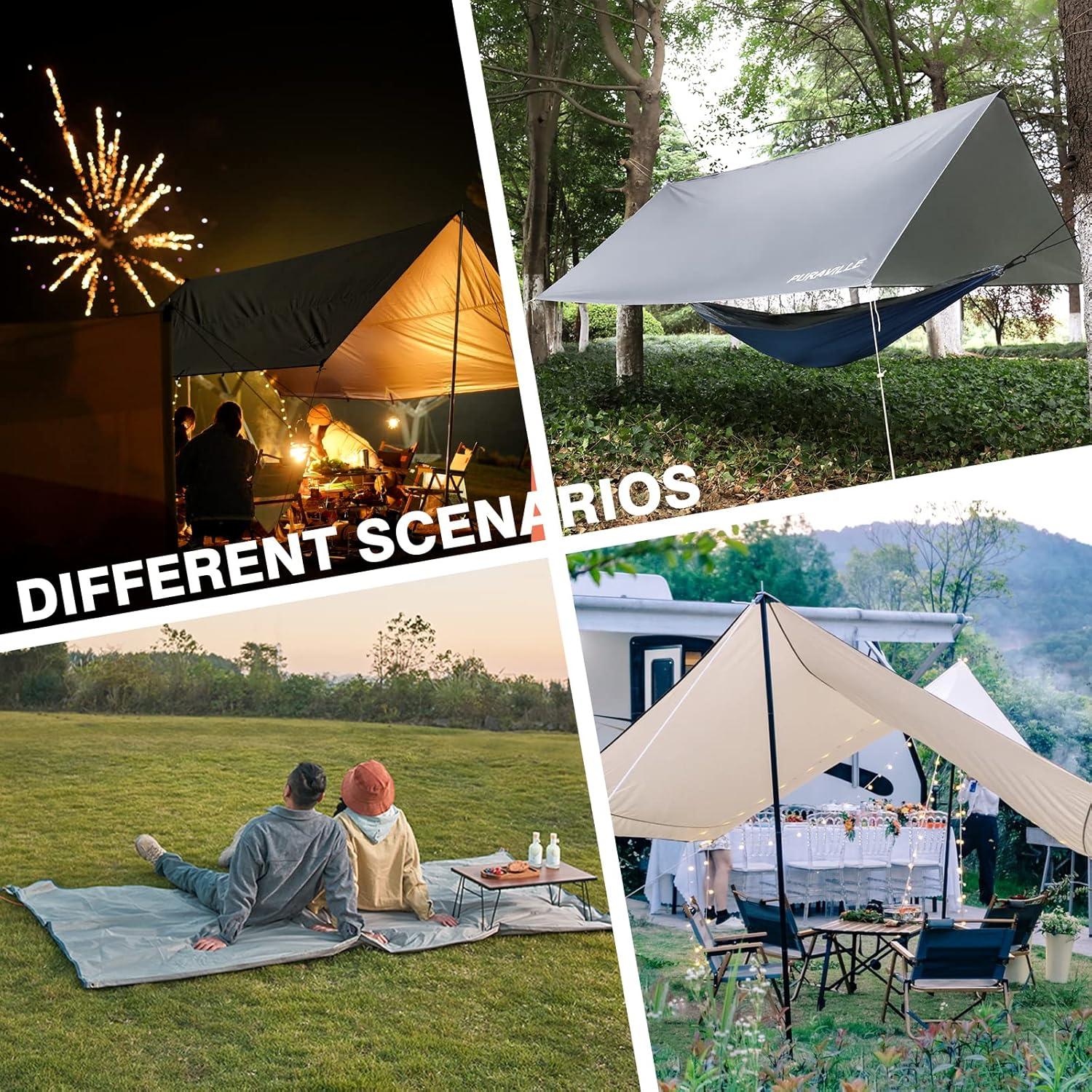 Puraville 10x10 ft Rectangle Lightweight Camping Tarps, Portable Waterproof Hammock Rain Fly Tent Tarp for Camping Backpacking, Grey