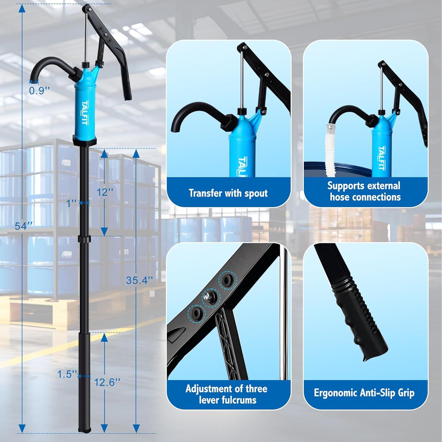 Lever Action Barrel Pump,55 Gallon Drum Pump, For Fuels, Chemicals, Corrosive Liquids, Water Based Fluids, Fits 5 to 55 Gallon Drums & Barrels (PP - Regular Corrosion Resistance)
