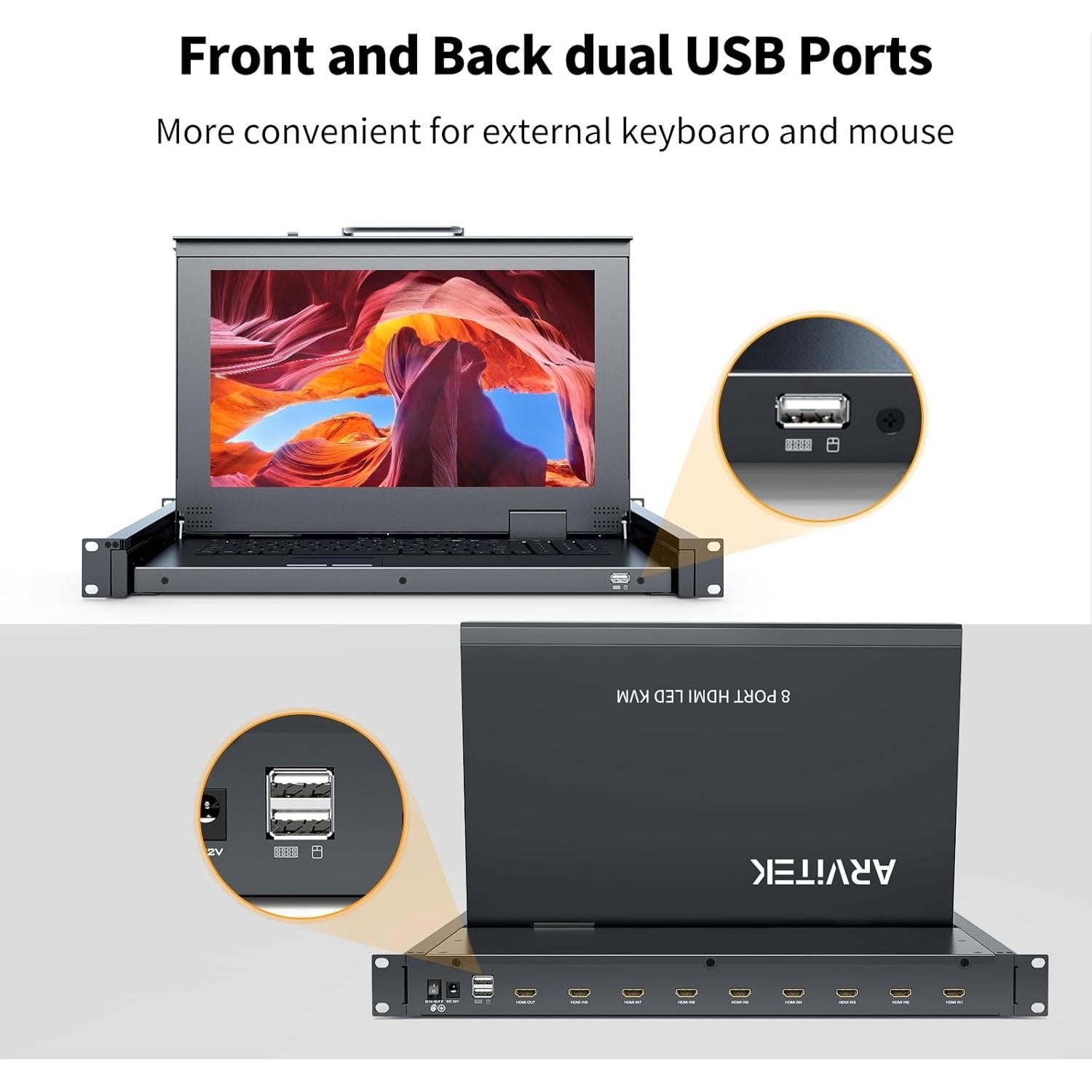 Conmutador KVM HDMI 8 Puertos Arvitek con Monitor LCD 15.6"