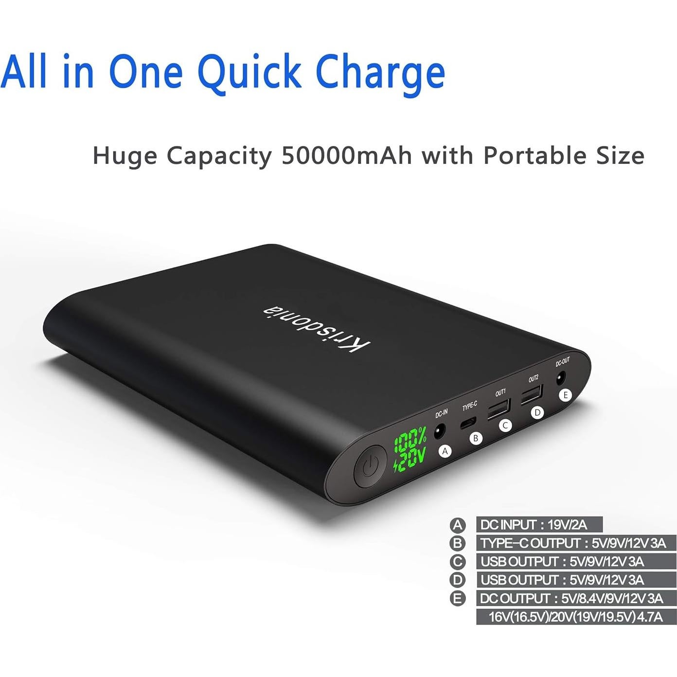 Cargador Portátil Krisdonia 50000mAh para Laptop 5-20V USB-C