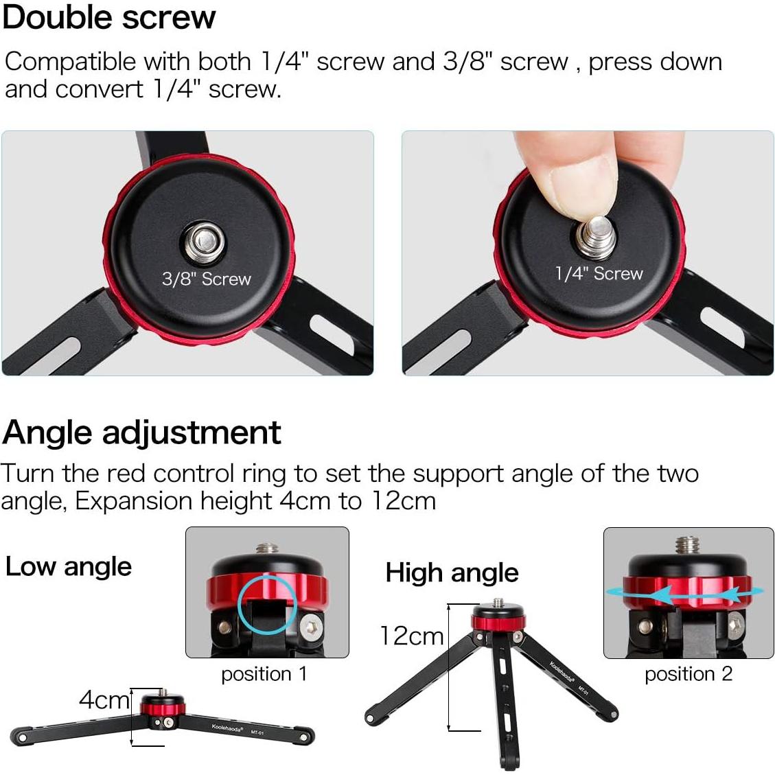 Koolehaoda Mini Tripod Portable Desktop Tabletop Tripod Stand CNC Aluminum Alloy with 1/4 and 3/8 Screw Mount for Cameras Camcorder Gimbal Stabilizers,Max Payload of 66 Lbs/30Kg