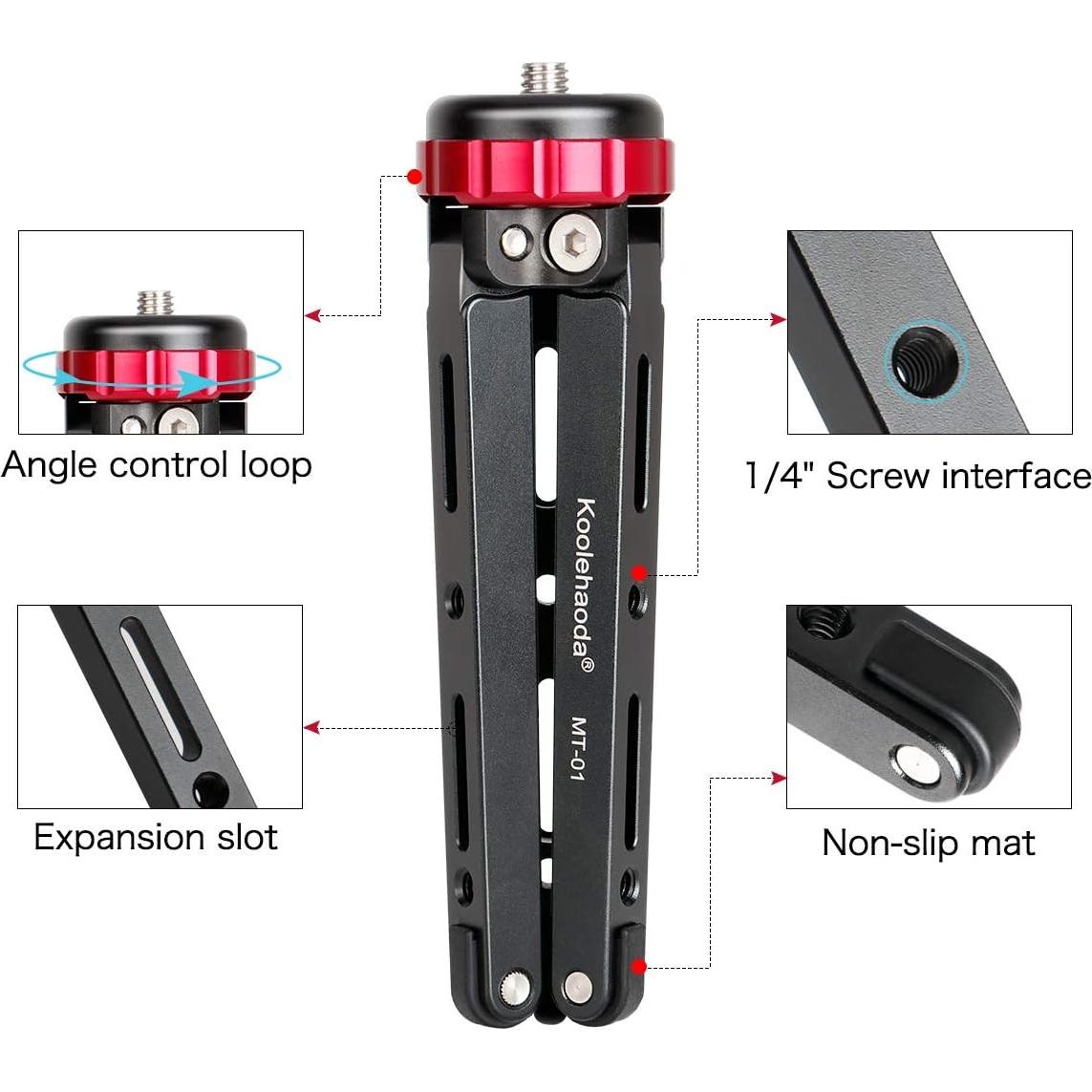 Koolehaoda Mini Tripod Portable Desktop Tabletop Tripod Stand CNC Aluminum Alloy with 1/4 and 3/8 Screw Mount for Cameras Camcorder Gimbal Stabilizers,Max Payload of 66 Lbs/30Kg