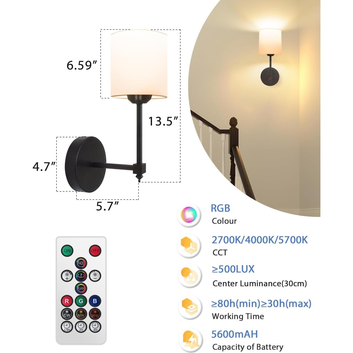 Juego de Apliques de Pared Adetu, 2 Unidades, Recargables, Control Remoto, 10 Colores RGB