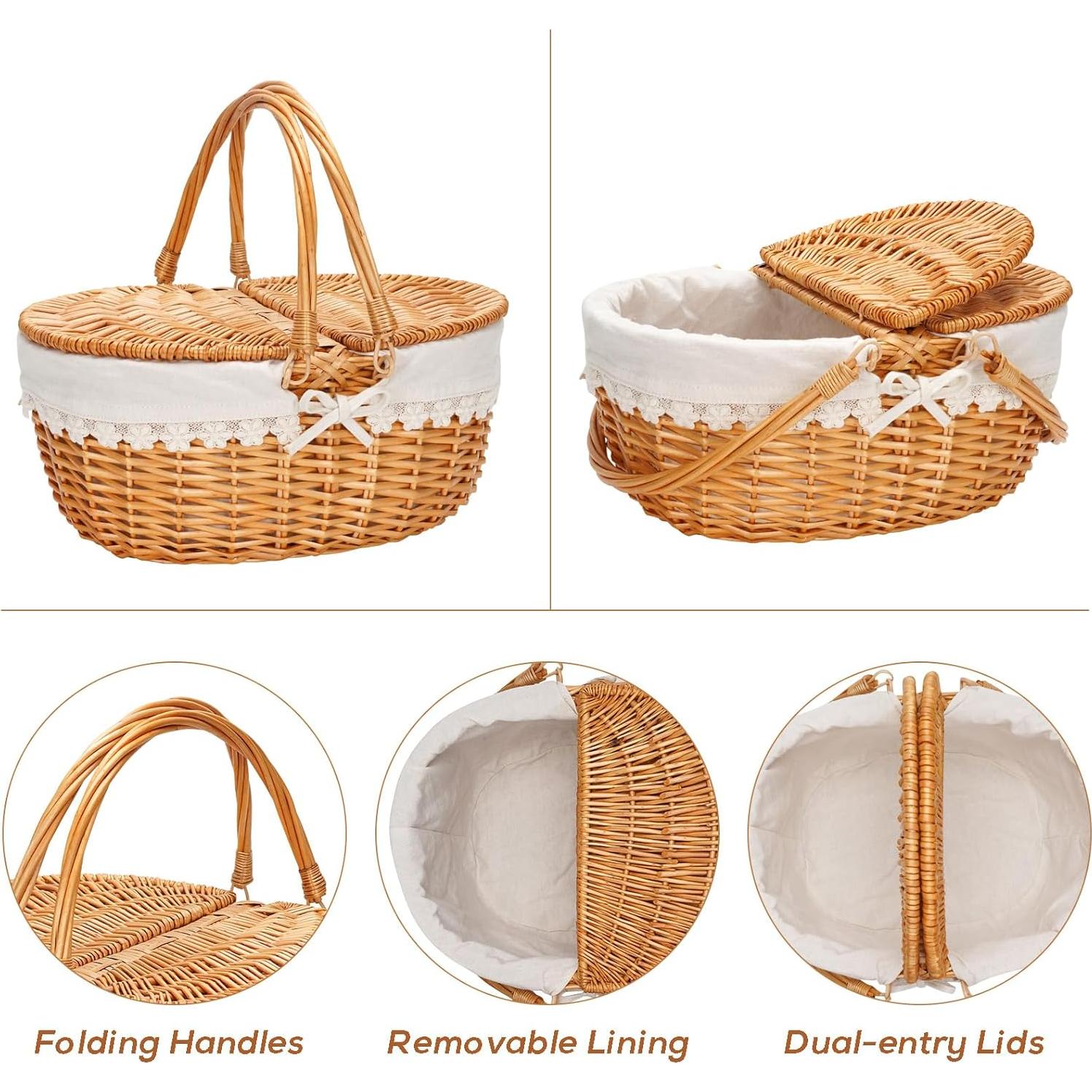 Cesta de Picnic de Mimbre ZORMY 30x38x36 cm Forro Crema