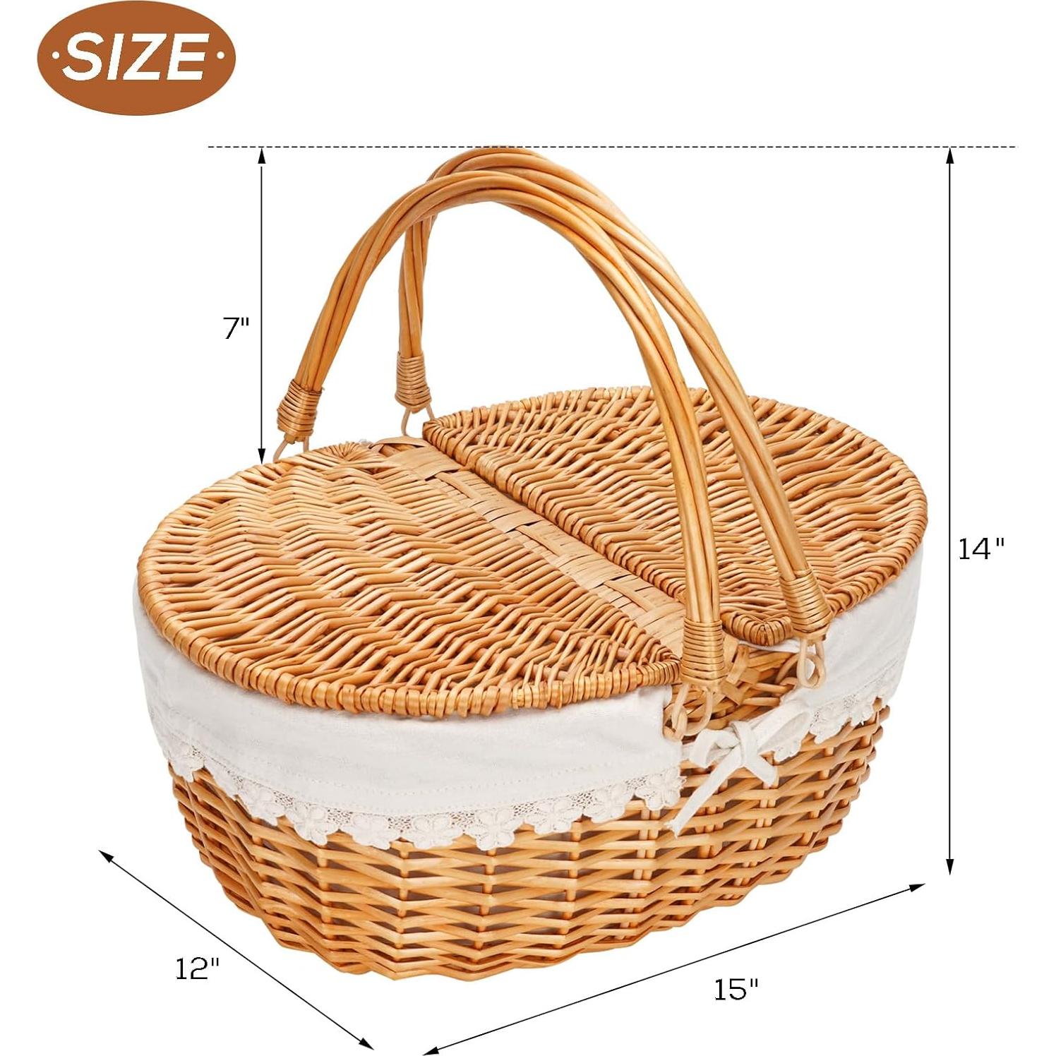 Cesta de Picnic de Mimbre ZORMY 30x38x36 cm Forro Crema
