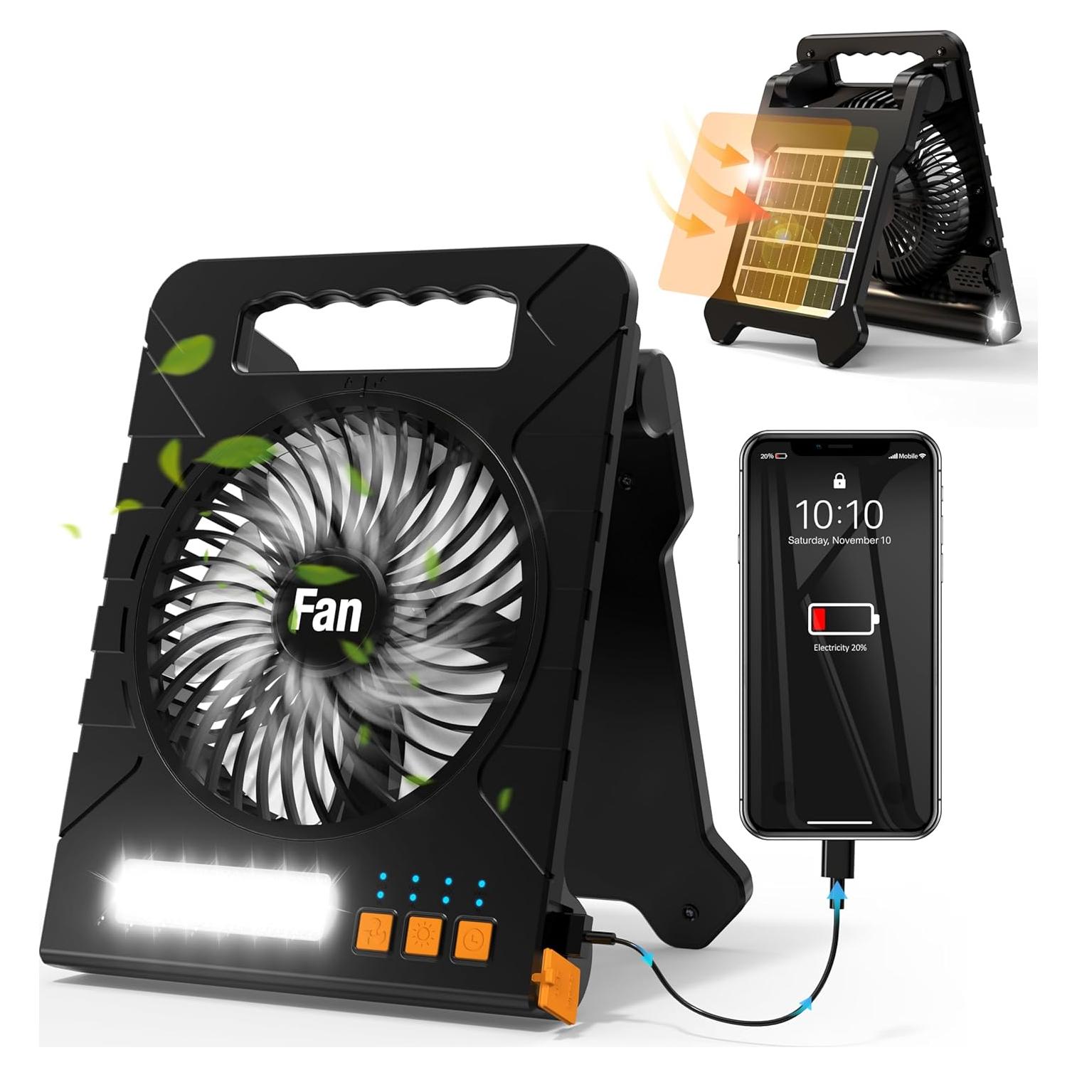 Solar Powered Fan for Camping, 4000mAh Portable Table Fan with LED Lantern, Flashlight, Battery Operated, 4 Speeds Powerful Wind and 4 Timers, for Workbench, Picnic, Hurricane, Fishing