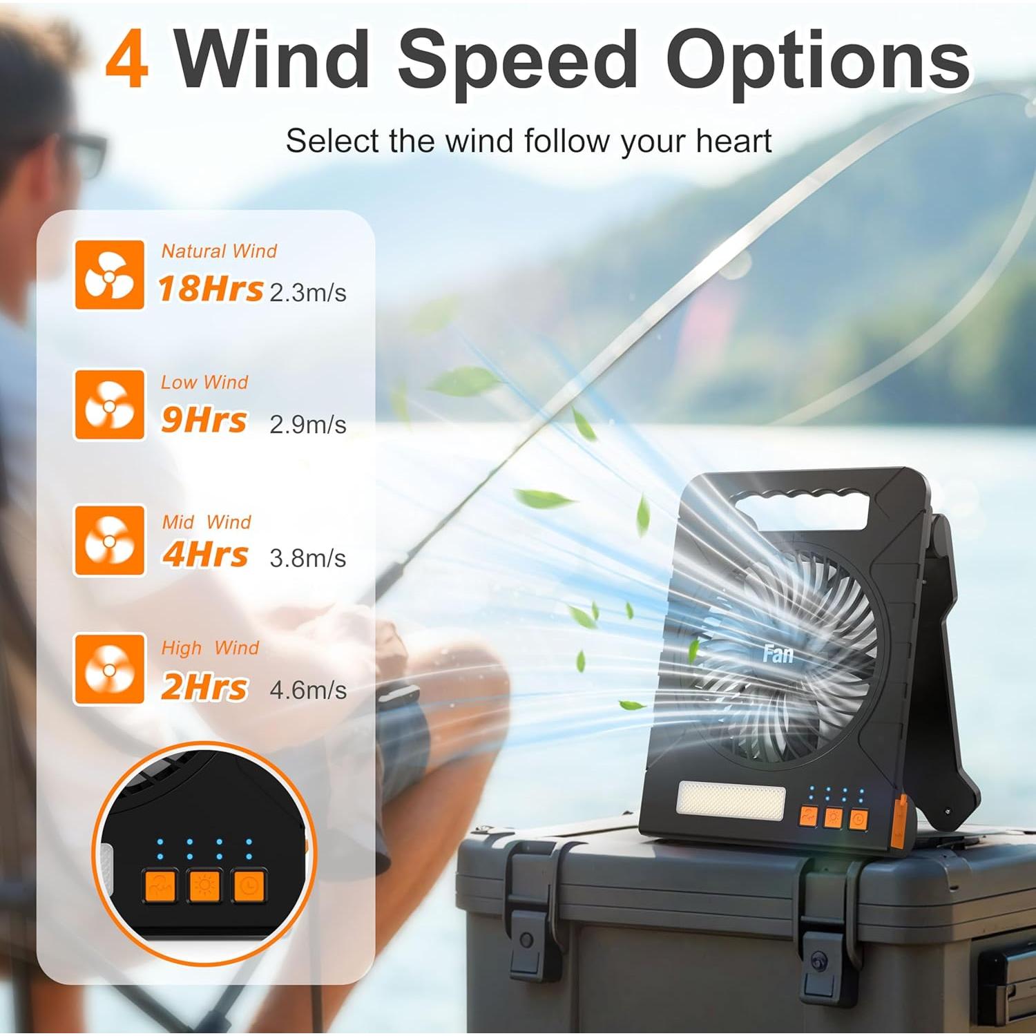 Solar Powered Fan for Camping, 4000mAh Portable Table Fan with LED Lantern, Flashlight, Battery Operated, 4 Speeds Powerful Wind and 4 Timers, for Workbench, Picnic, Hurricane, Fishing