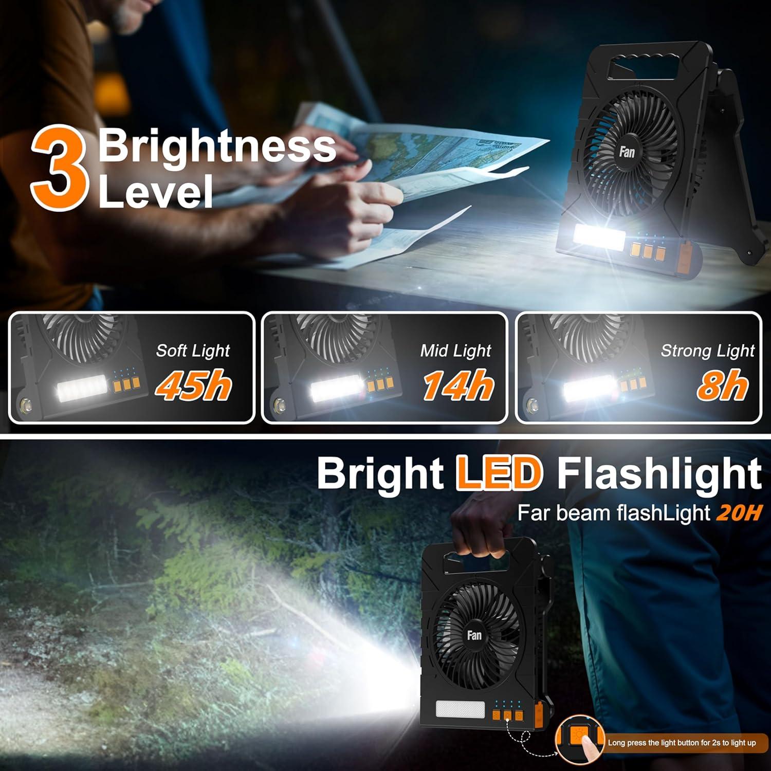 Solar Powered Fan for Camping, 4000mAh Portable Table Fan with LED Lantern, Flashlight, Battery Operated, 4 Speeds Powerful Wind and 4 Timers, for Workbench, Picnic, Hurricane, Fishing