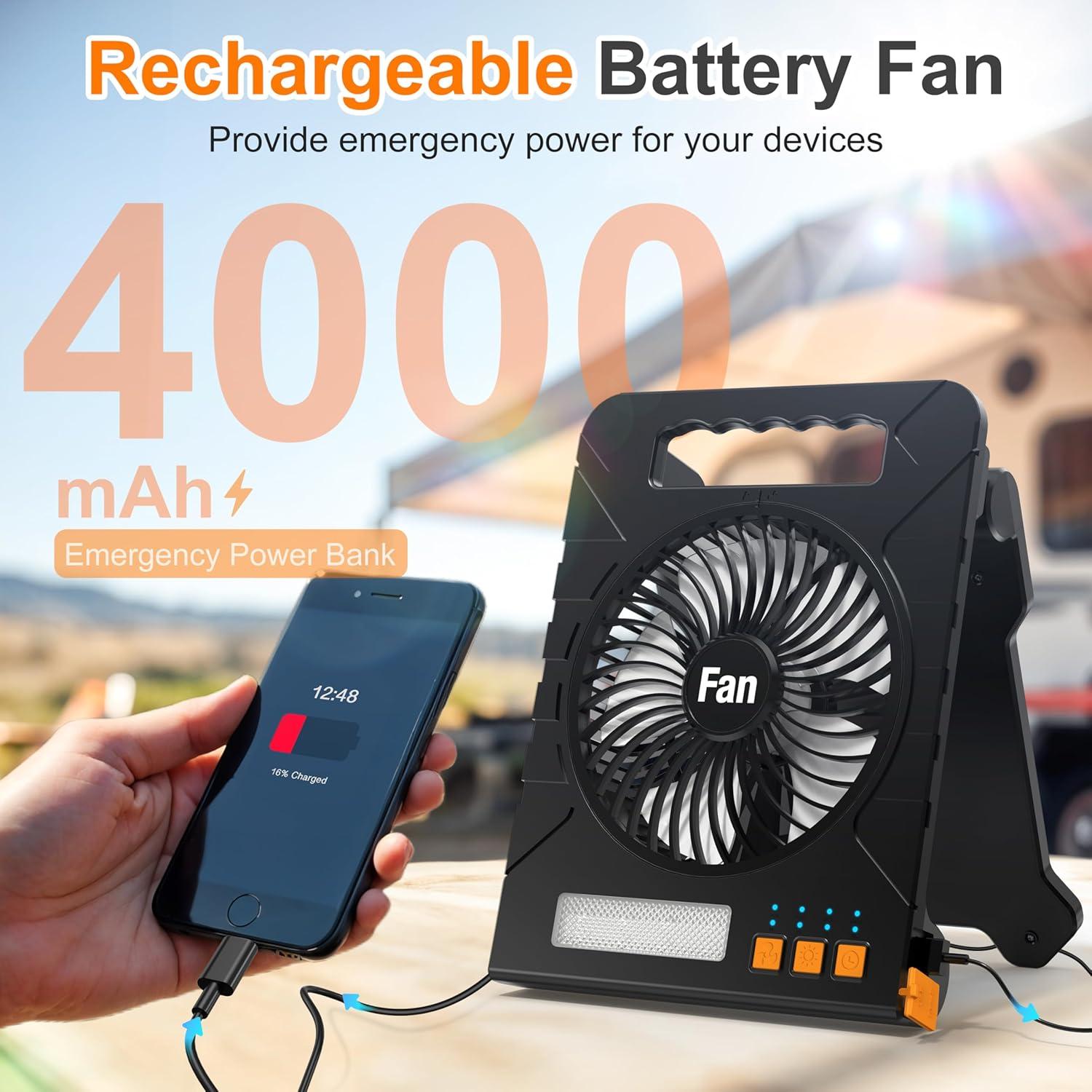 Solar Powered Fan for Camping, 4000mAh Portable Table Fan with LED Lantern, Flashlight, Battery Operated, 4 Speeds Powerful Wind and 4 Timers, for Workbench, Picnic, Hurricane, Fishing