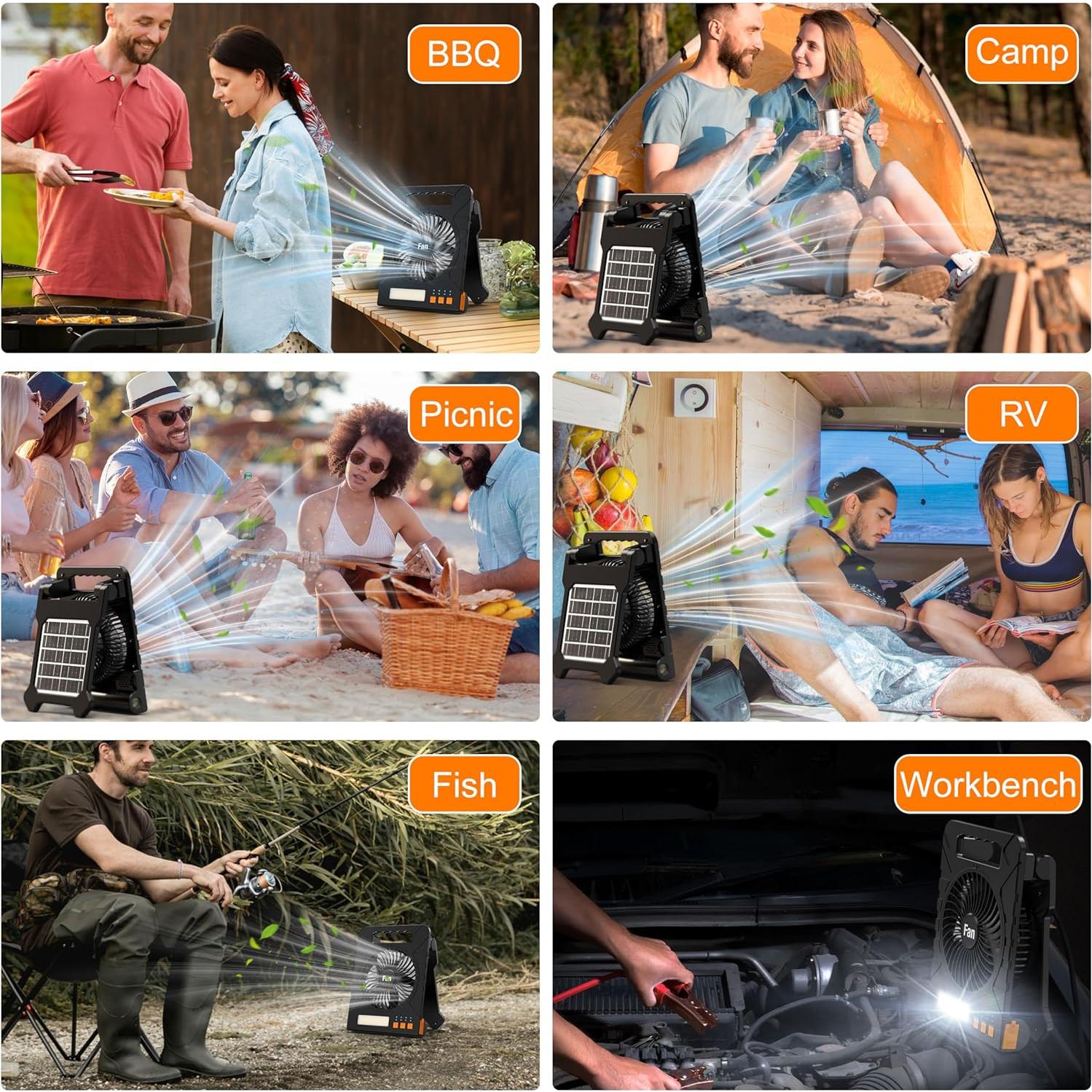 Solar Powered Fan for Camping, 4000mAh Portable Table Fan with LED Lantern, Flashlight, Battery Operated, 4 Speeds Powerful Wind and 4 Timers, for Workbench, Picnic, Hurricane, Fishing